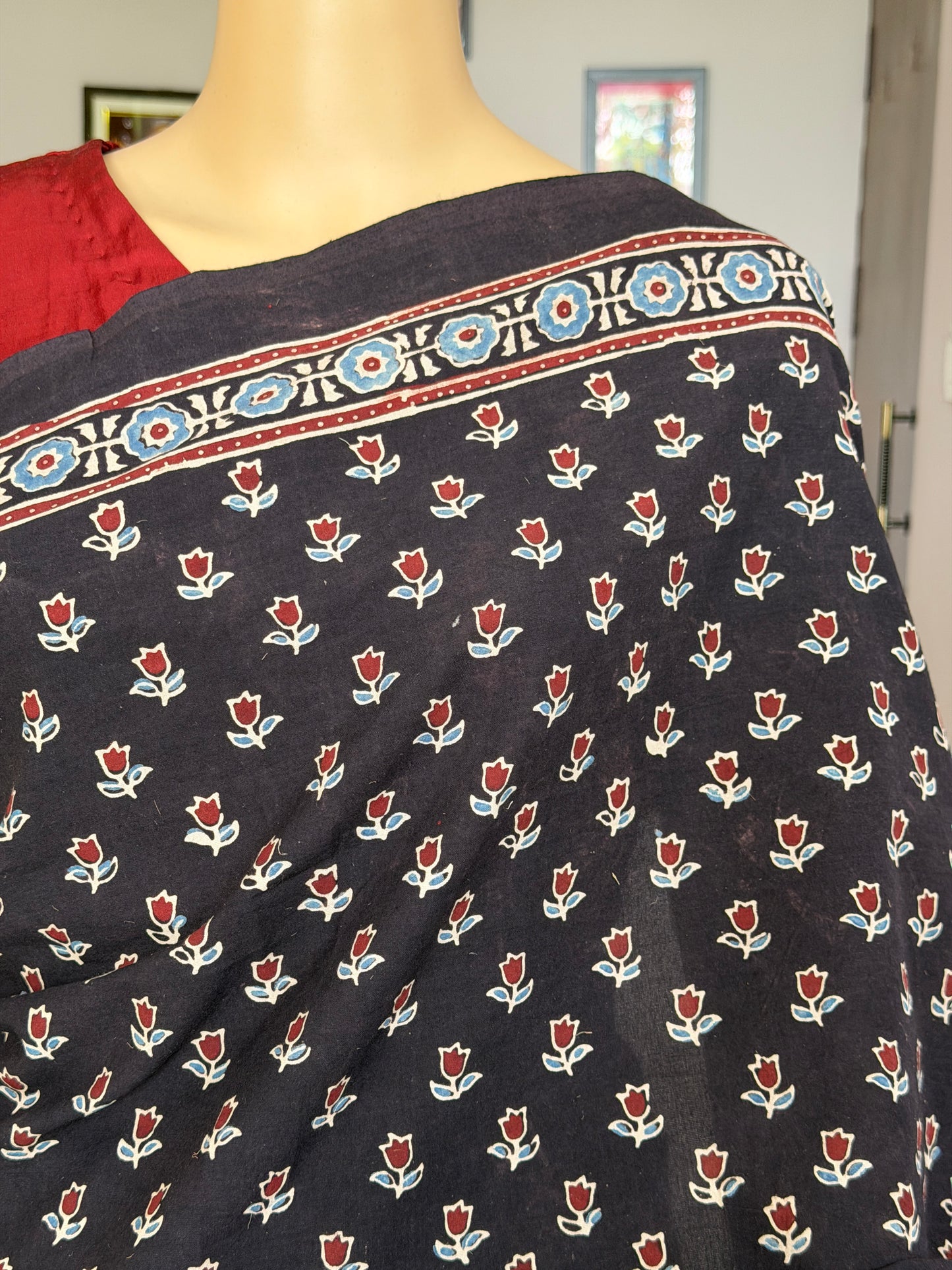 Cotton Ajrakh Hand Block Printed Contemporary Saree