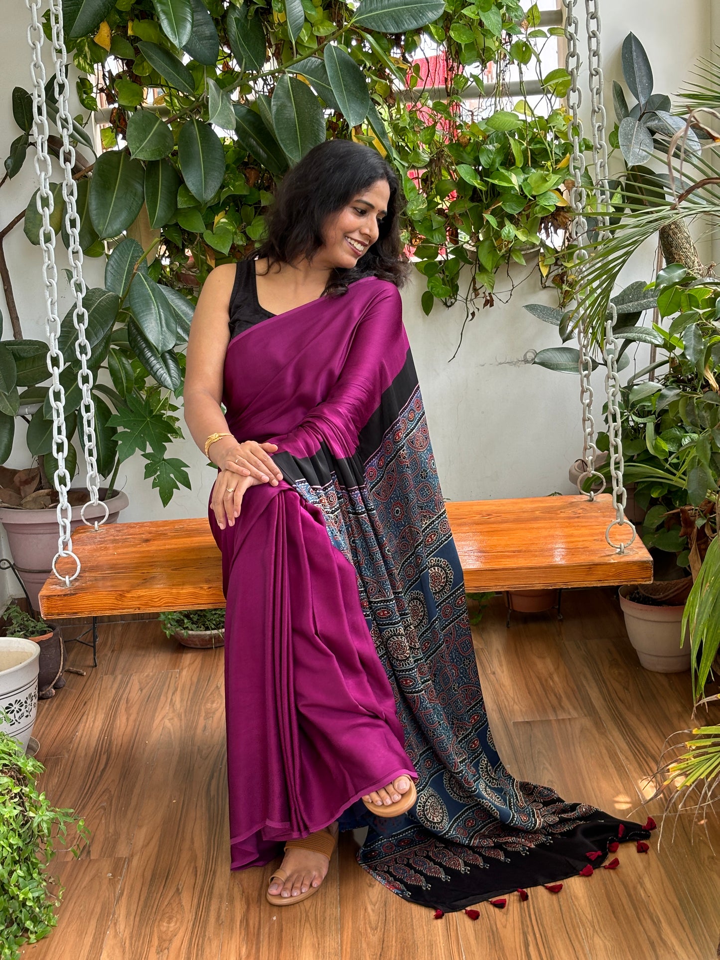 Sudha- Magenta Solid Colur Body With Natural Dyed Indigo Ajrakh Anchal