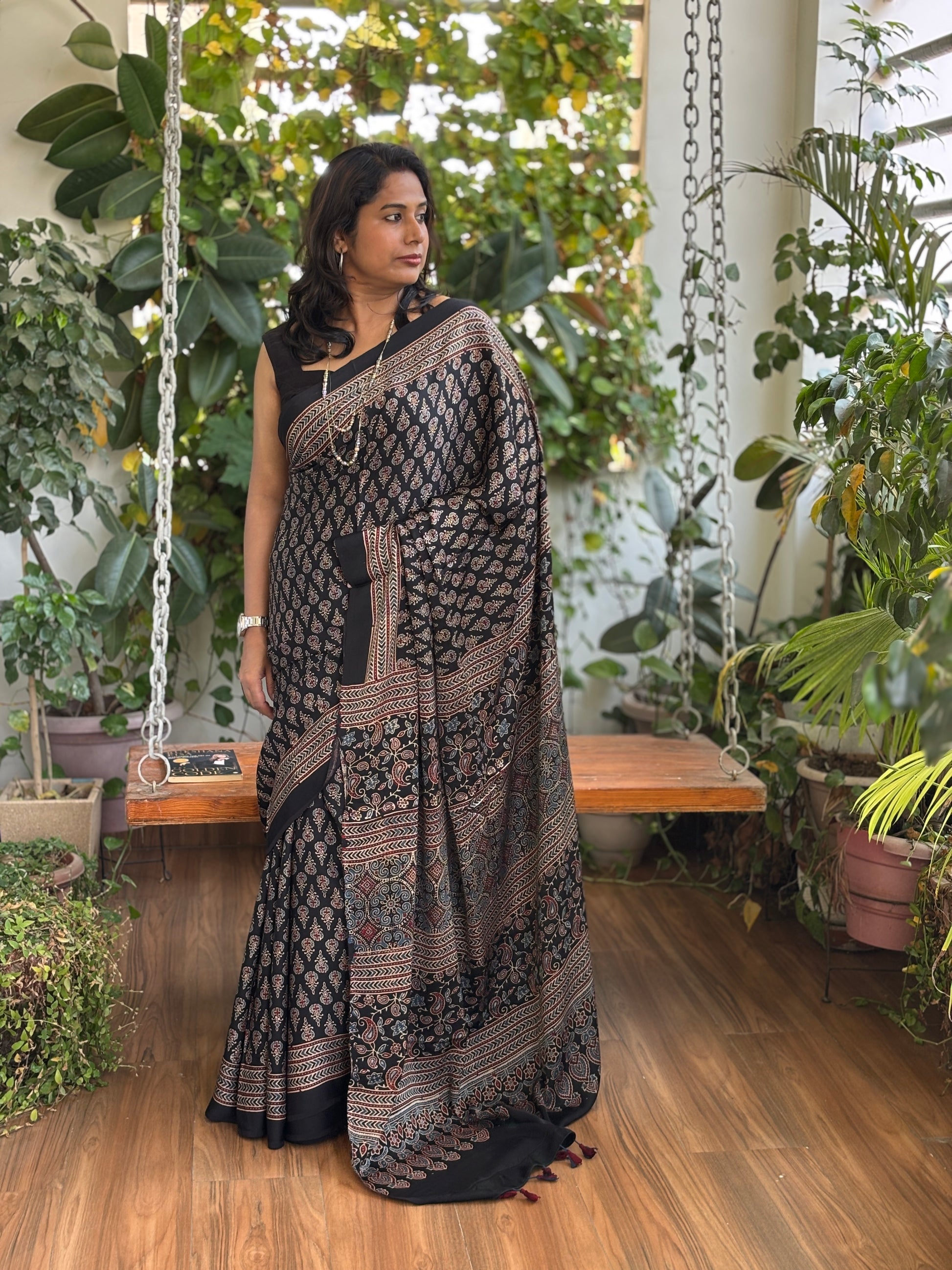 Black Ajrakh Modal Saree, Ajrakh modal saree side view 