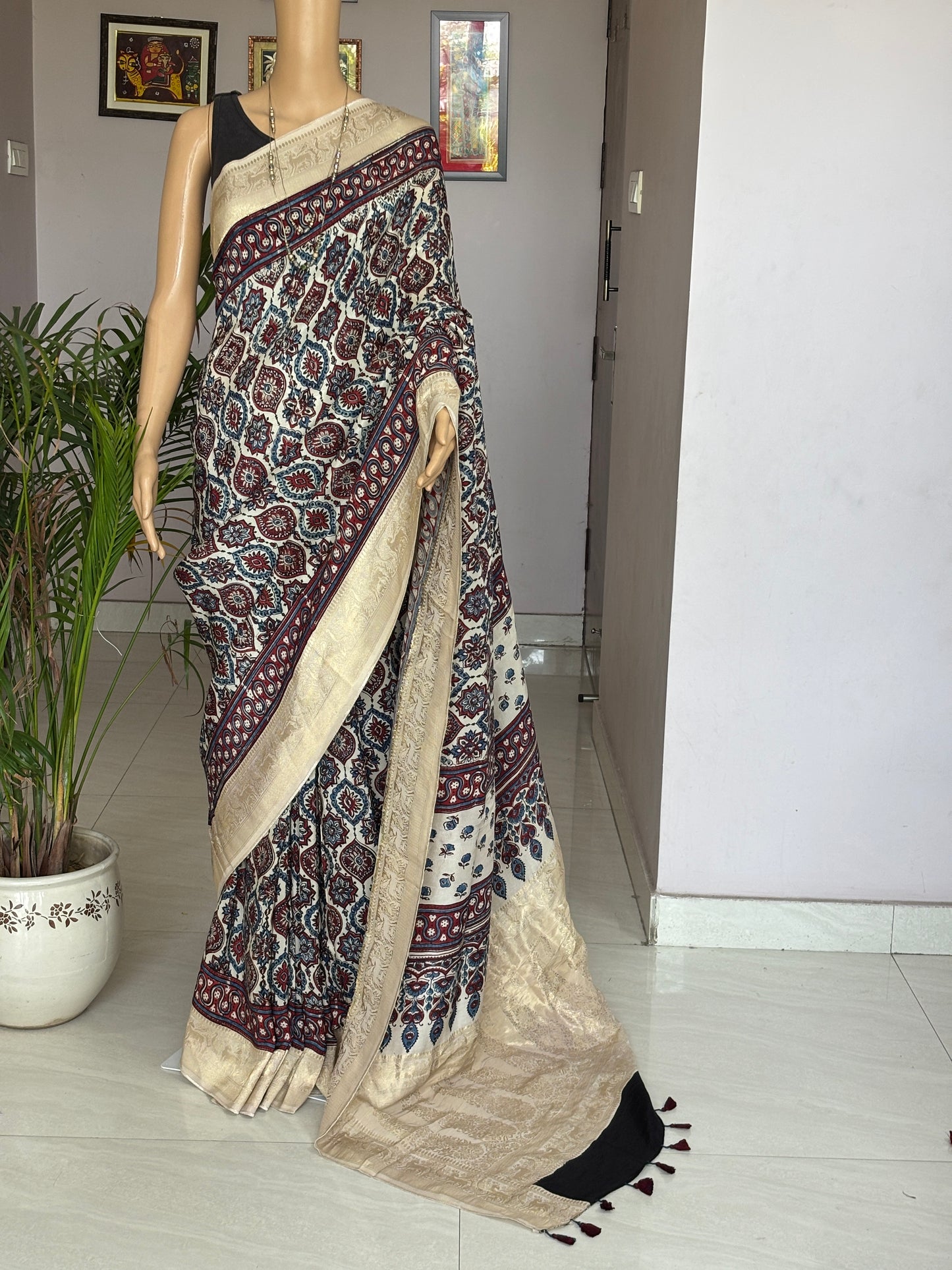 Pale Ivory Ajrakh Hand Block Printed Badambuta Dola Silk Saree