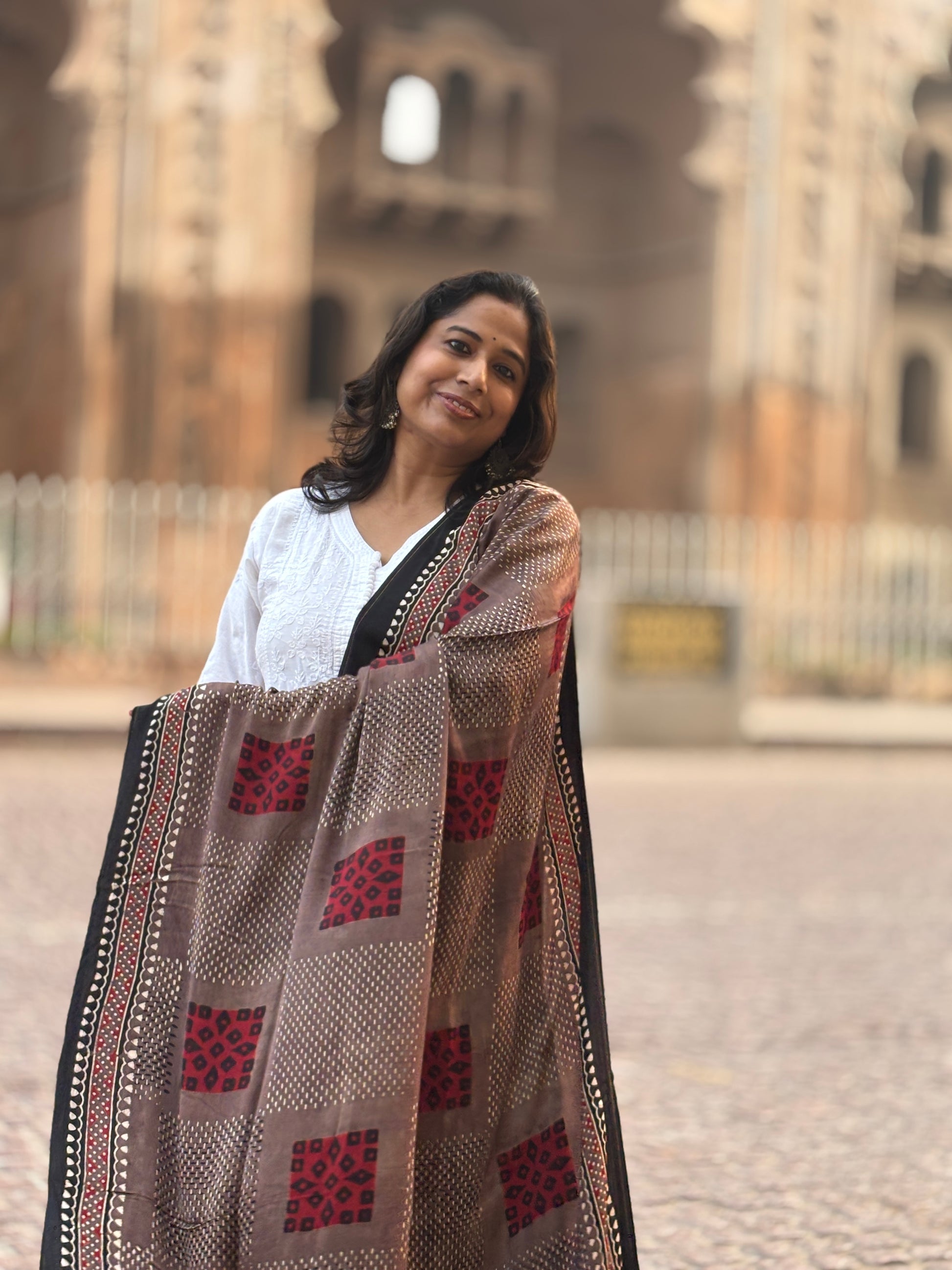  (Kakish)Colour Dupatta With Contemporari Motif,ajrakh modal box dupatta,front view.