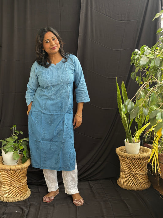 Chikan Hand Embroidered Ombre Dyed Cotton Kurti