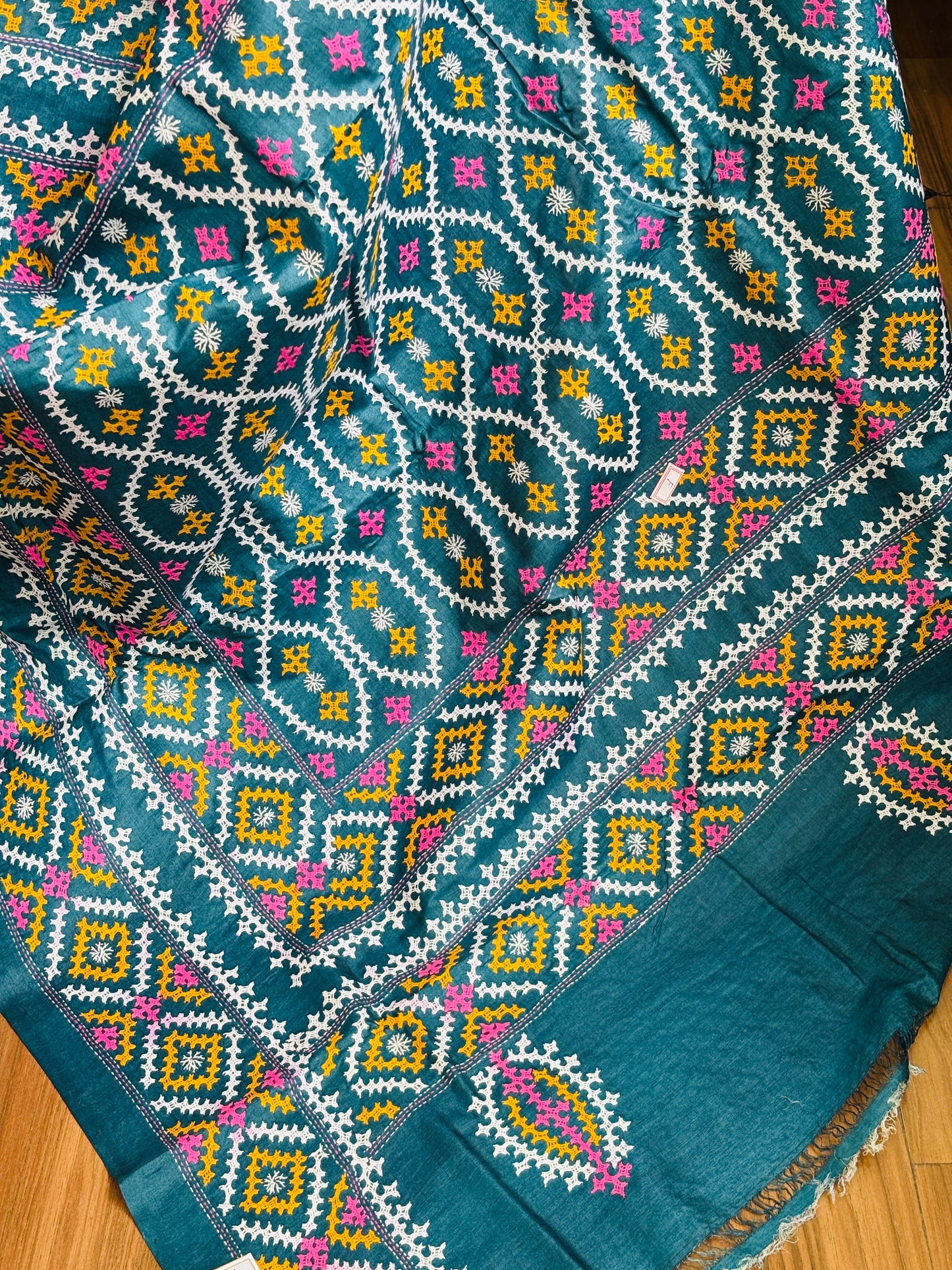 Gujarati Hand Embroidered Pure Tussar Silk Saree With Contemporary Hand Paint