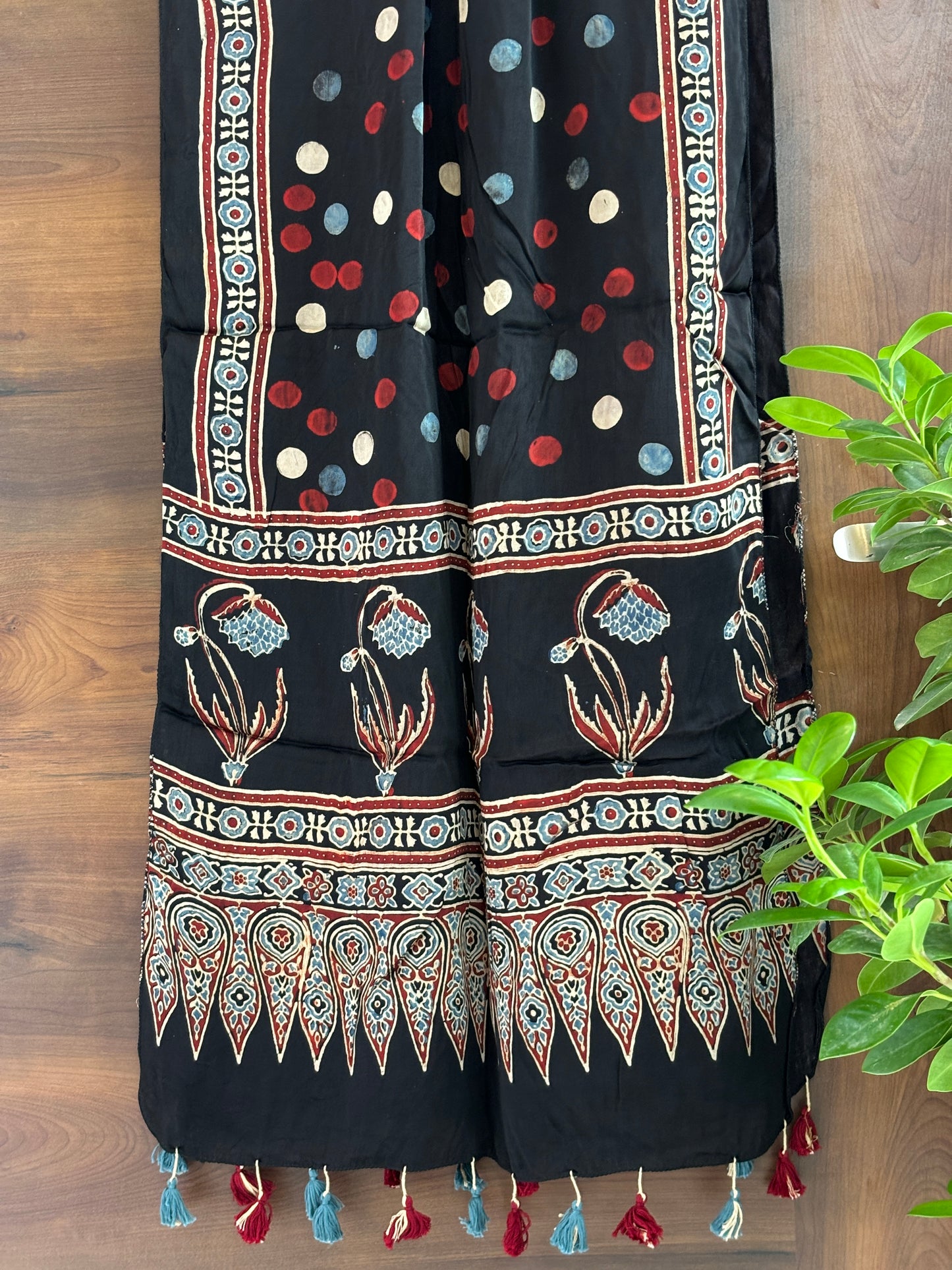 Ajrakh Stole- Black Natural Dyed Contemporary Motif Stole