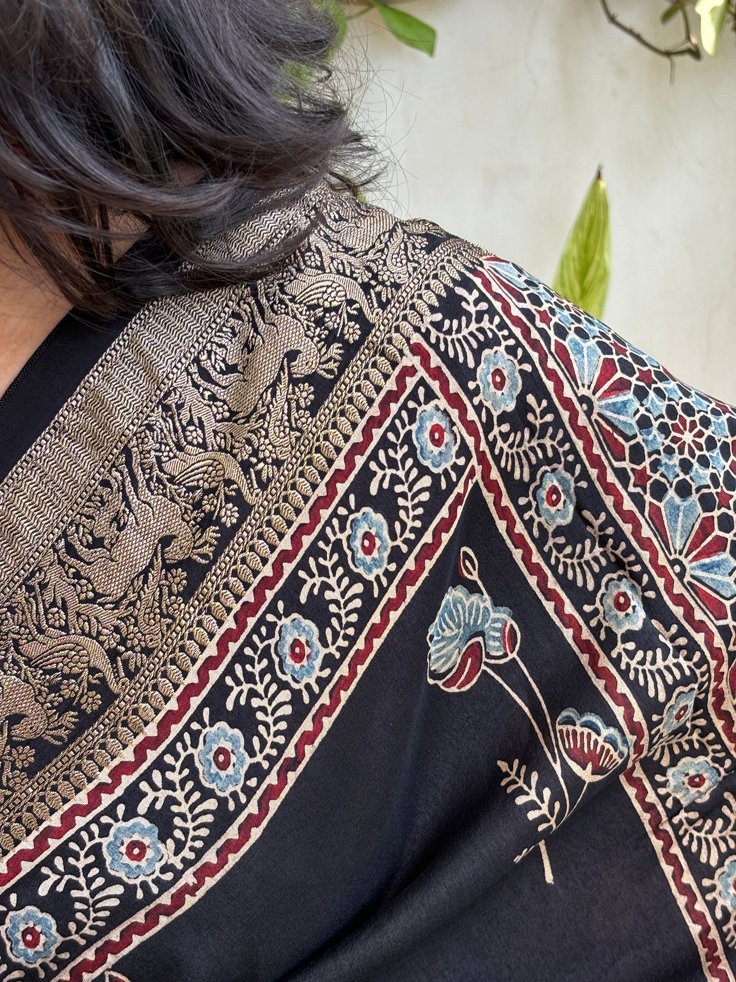 Pushpa- Floral Stalk Motif Black Ajrakh Saree In Dola