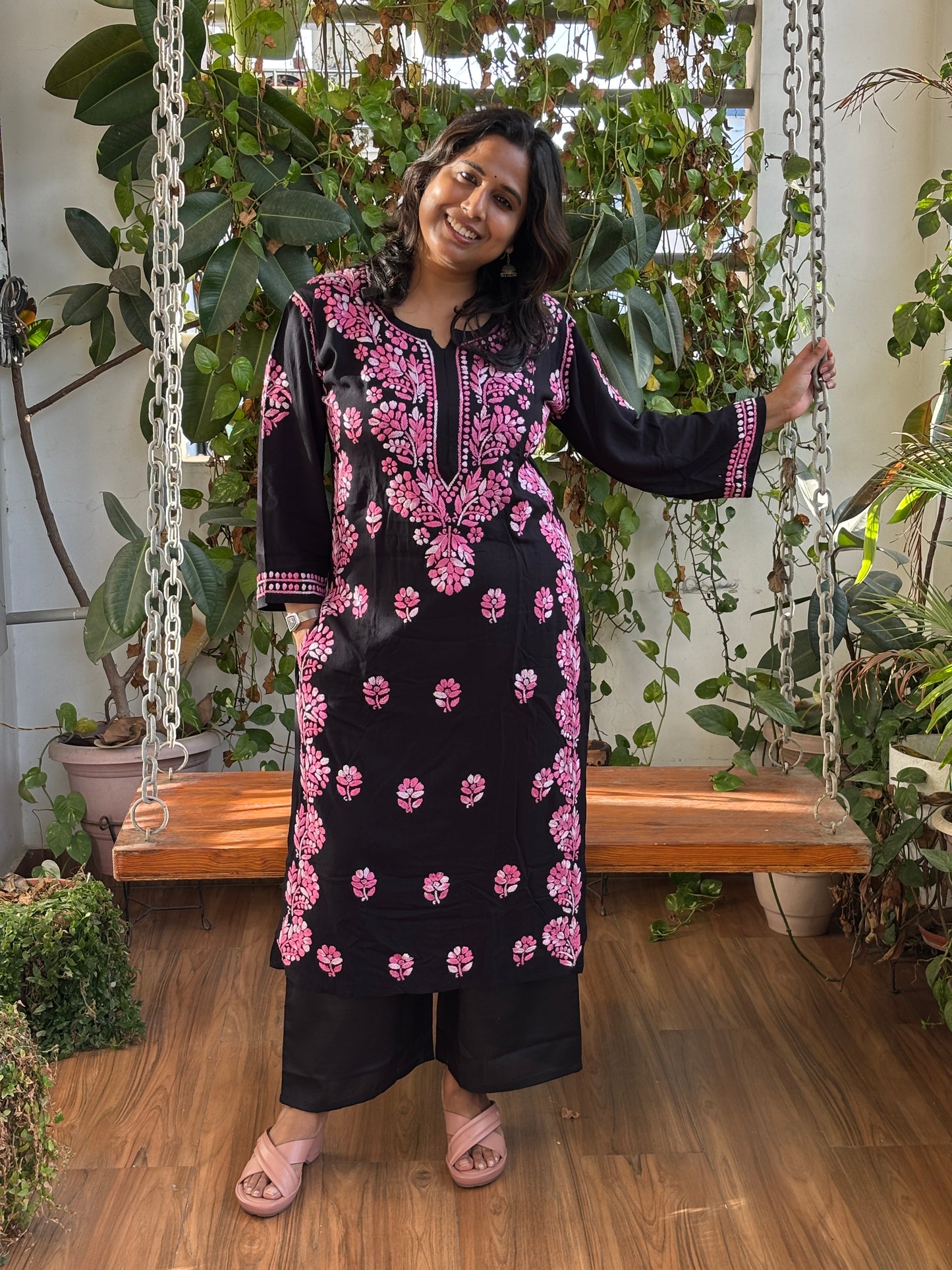 Black Multicolour Chikan Hand Embroidered Rayon Cotton Kurti