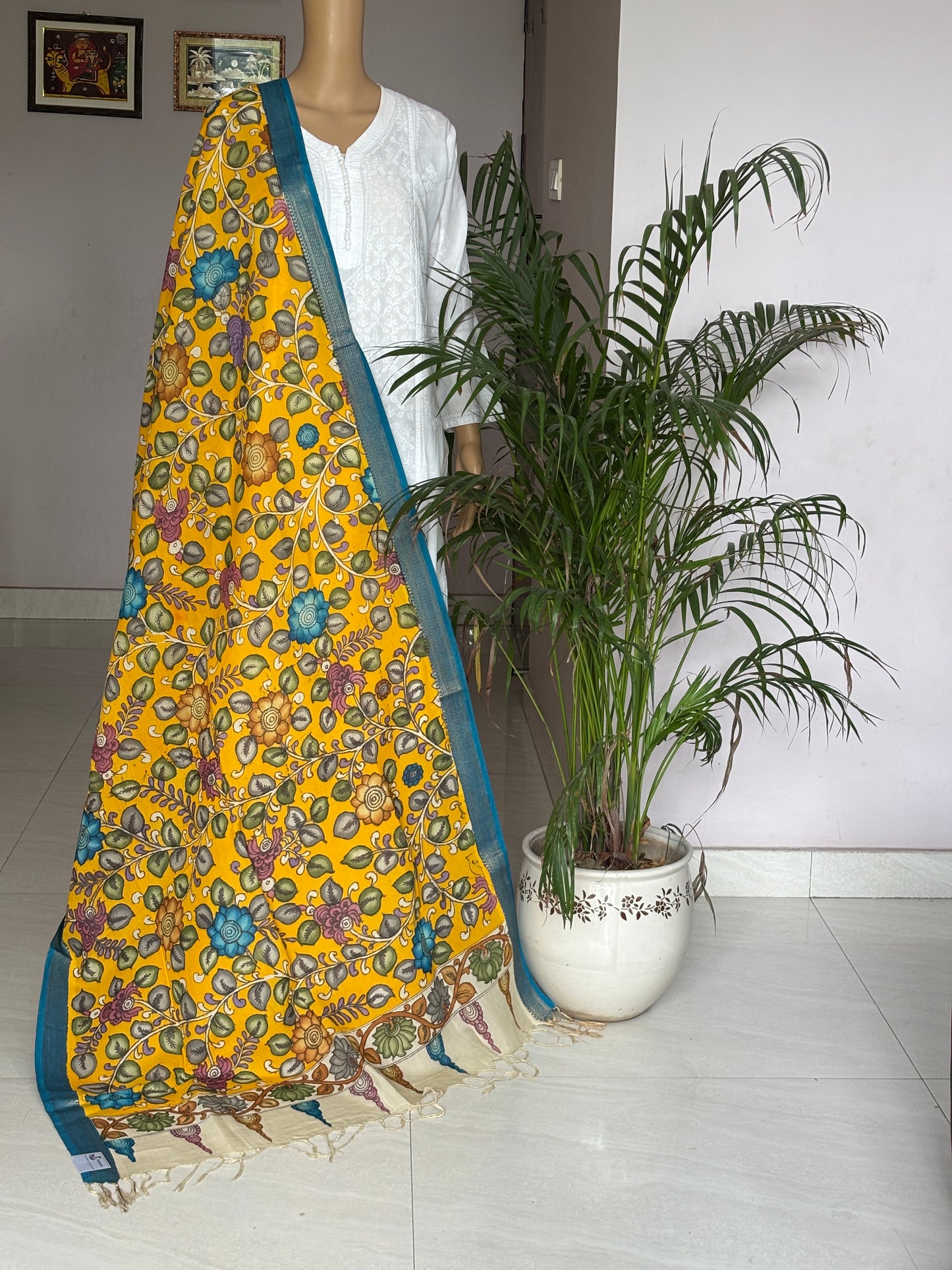 Srikalahasti Pen Kalamkari Hand Painted Silk Cotton Dupatta With Zari Weaved Border