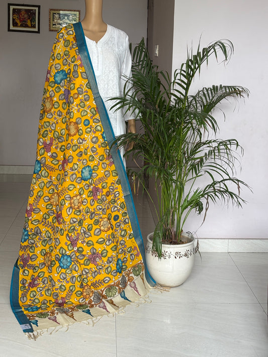 Srikalahasti Pen Kalamkari Hand Painted Silk Cotton Dupatta With Zari Weaved Border