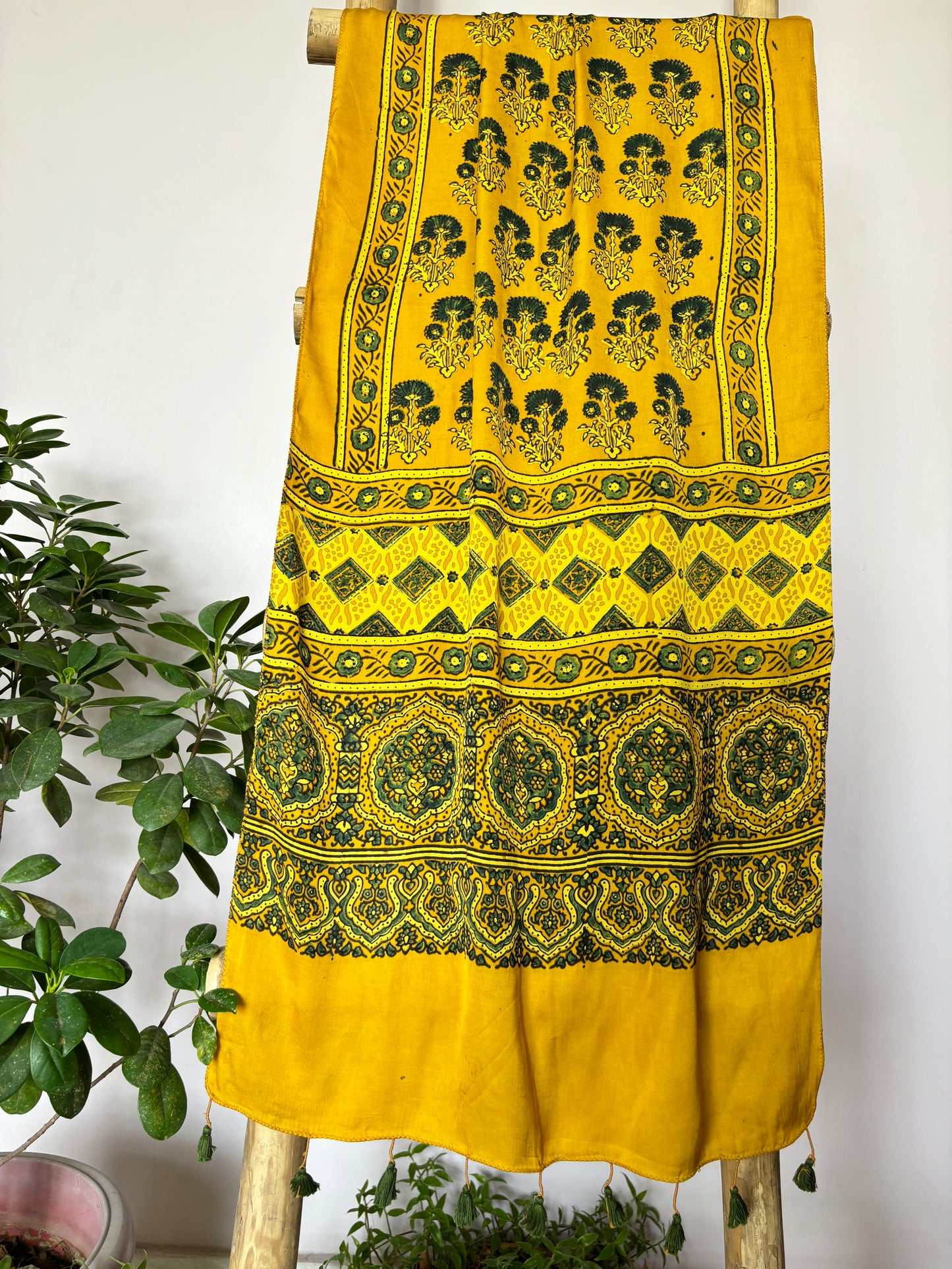 Ajrakh Stole- Yellow Natural Dyed Modal Stole with Classic Marigold Motif