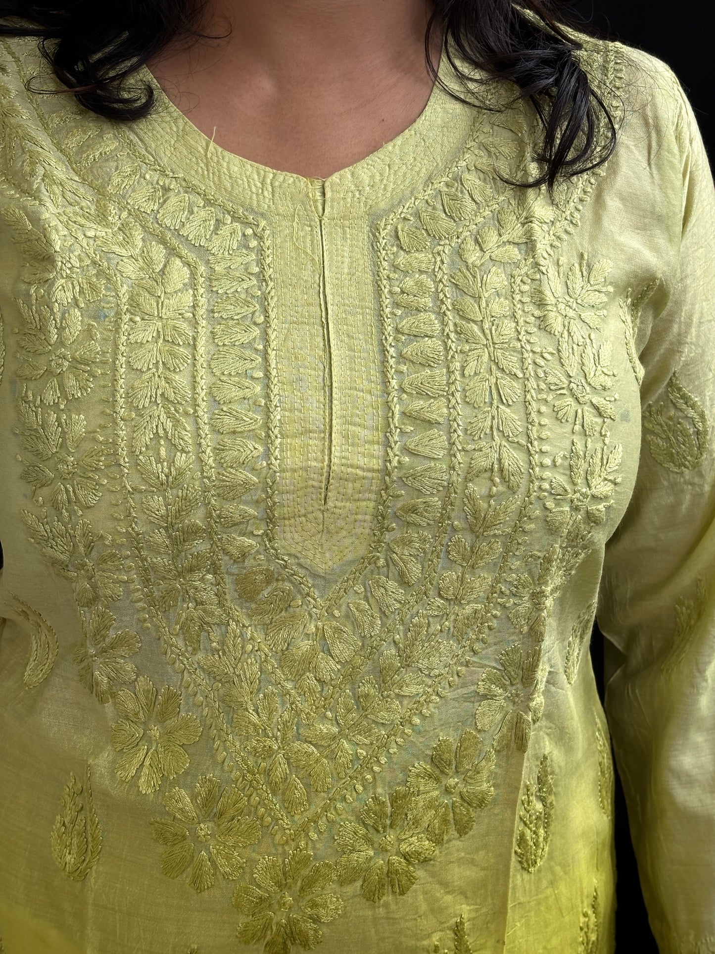 Chanderi Cotton Chikan Hand Embroidered Ombre Dyed Kurti