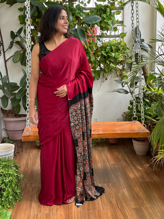 Yamini- Maroonsh Red Solid Colur Body With Natural Dyed Black Ajrakh Anchal