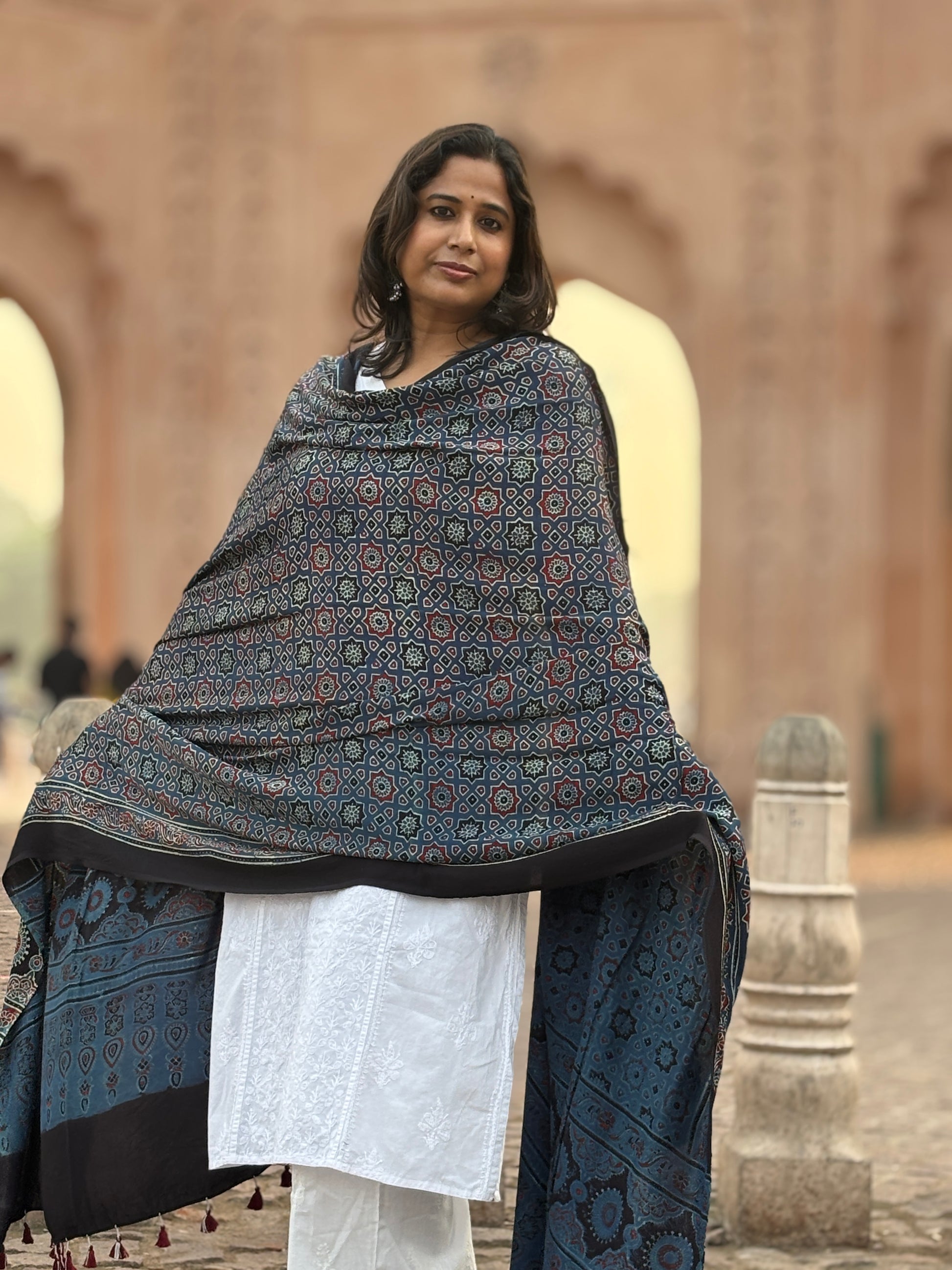 Indigo Colour Small Geomertical Motif Pure Modal Dupatta,ajrakh modal dupatta,front view.