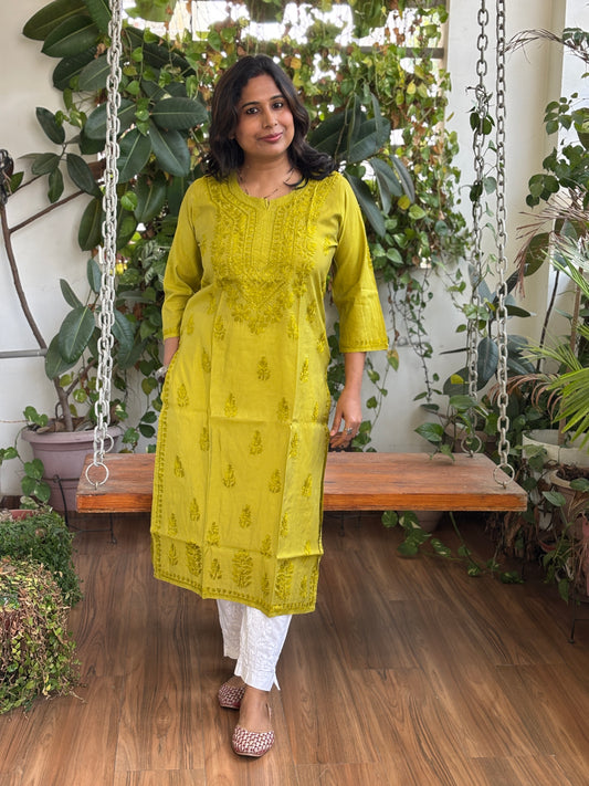 Greenish Yellow  Chanderi Chikan Hand Embroidered Kurti