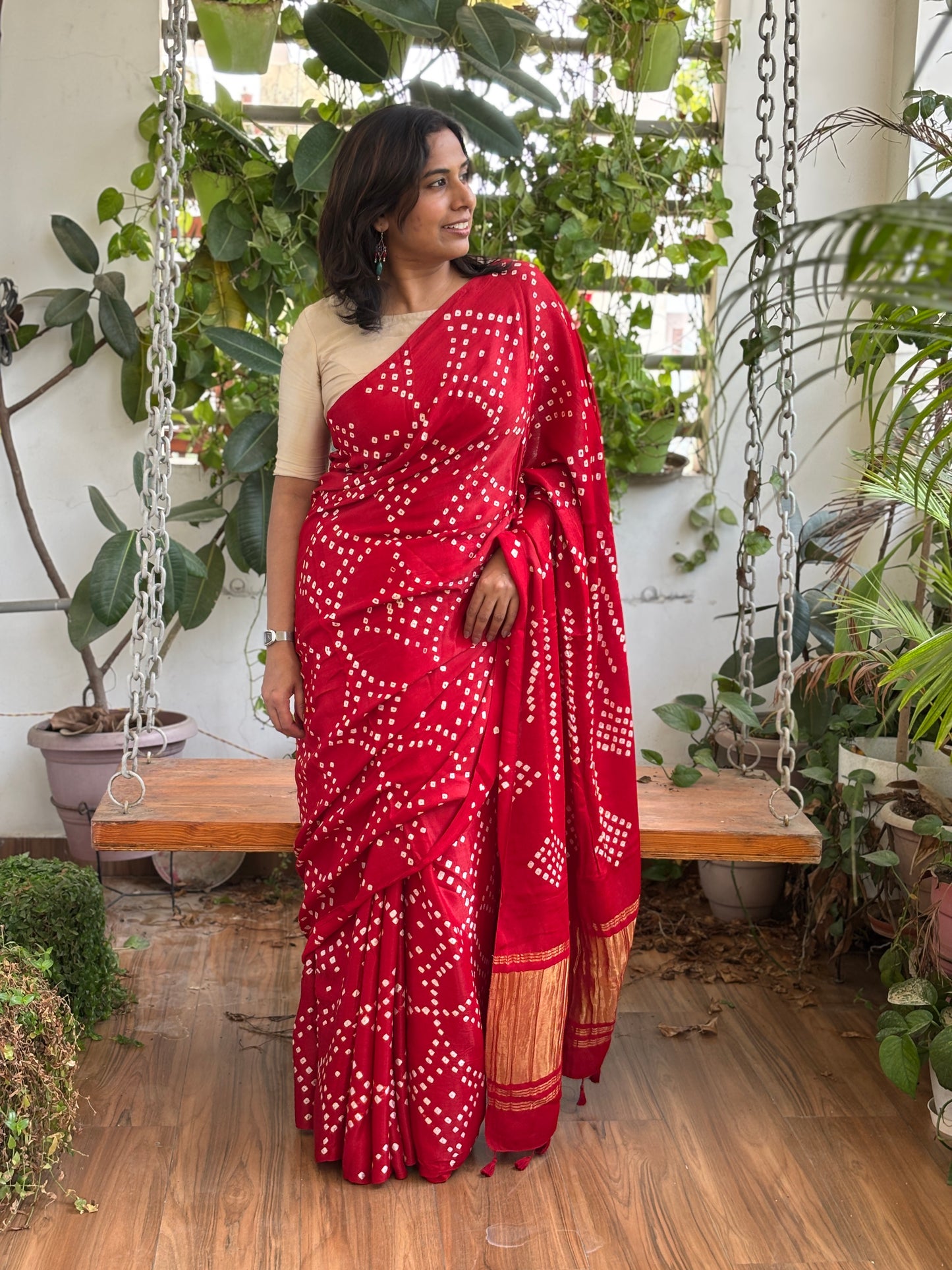 Solid Colour Semi Modal Saree with Bandhej and Tissue Palla