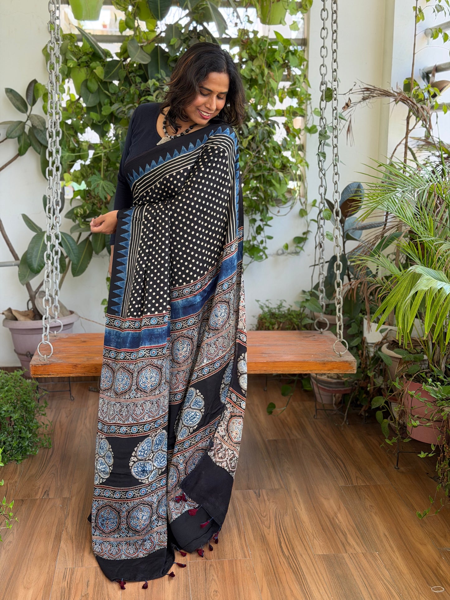 Black Natural Dyed Contemporary Ajrakh Modal Saree