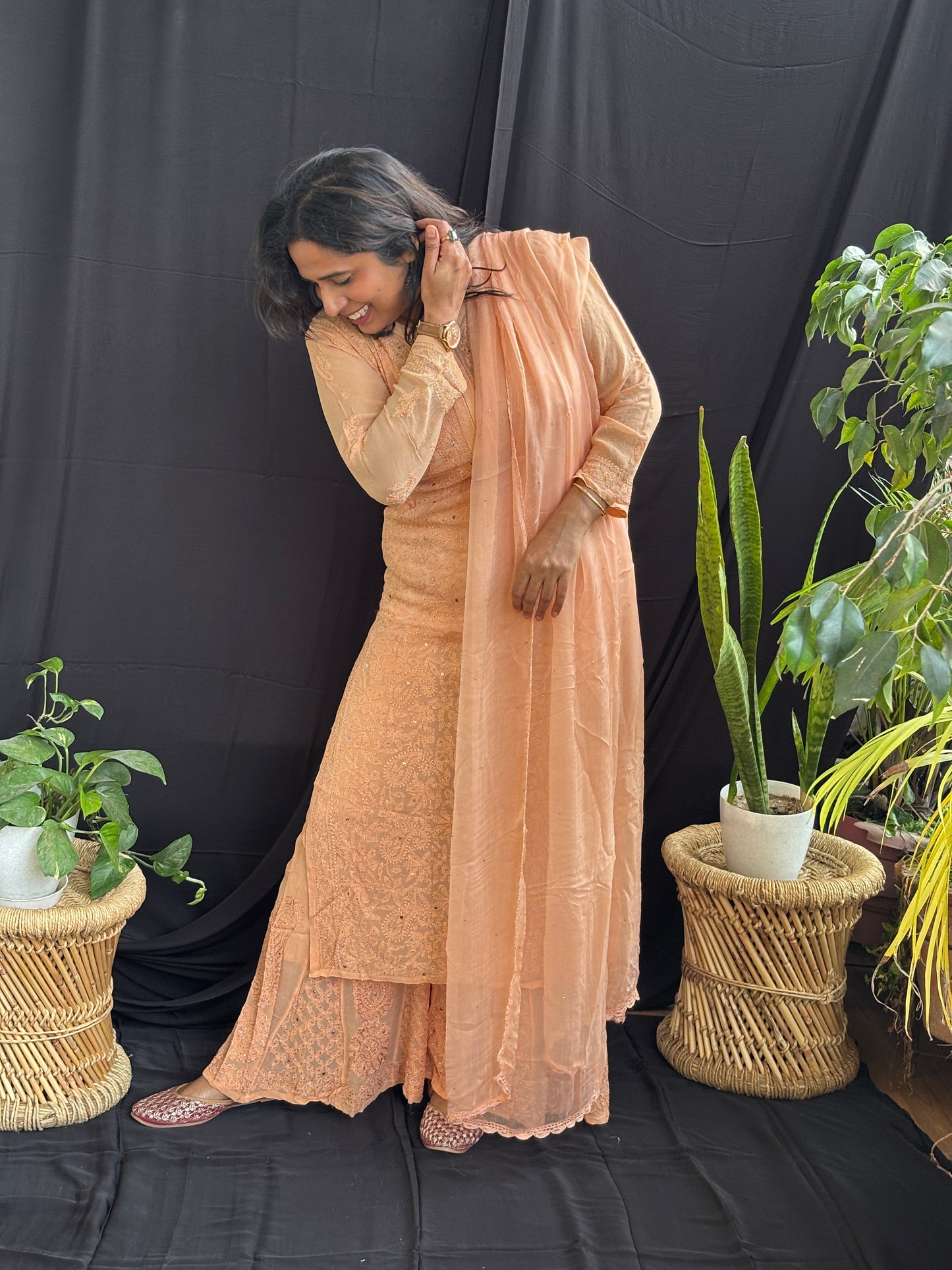 Chikan Hand Embroidered Pure Georgette Three Piece Set Pure Chiffon Dupatta With Mukaish Work