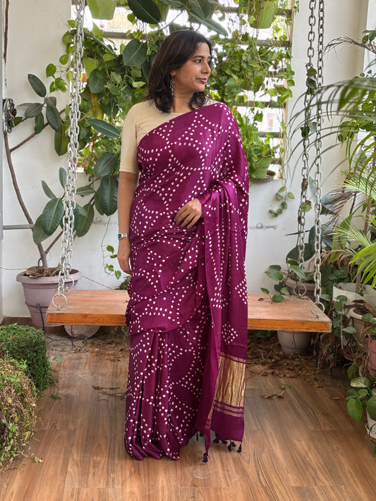 Solid Colour Semi Modal Saree with Bandhej and Tissue Palla