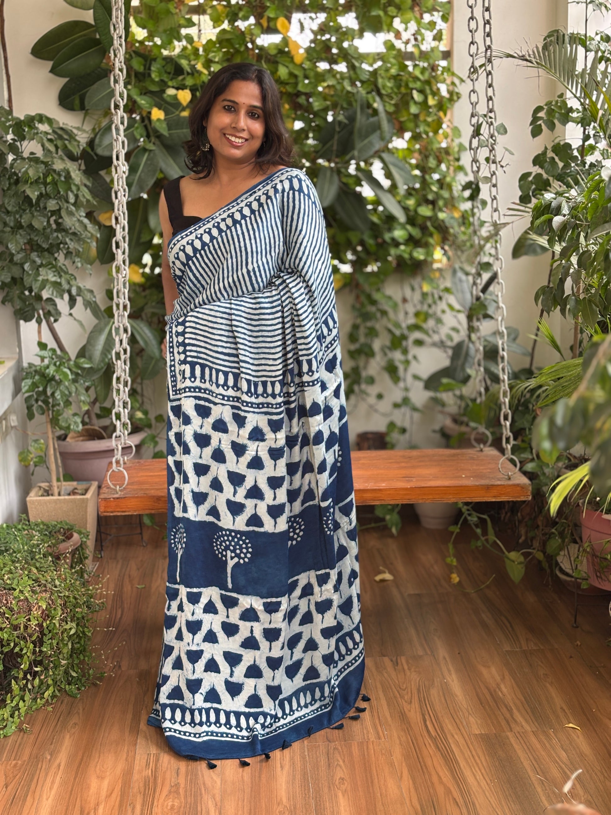 Dabu Hand Block Printed Pure Modal Silk Saree, front