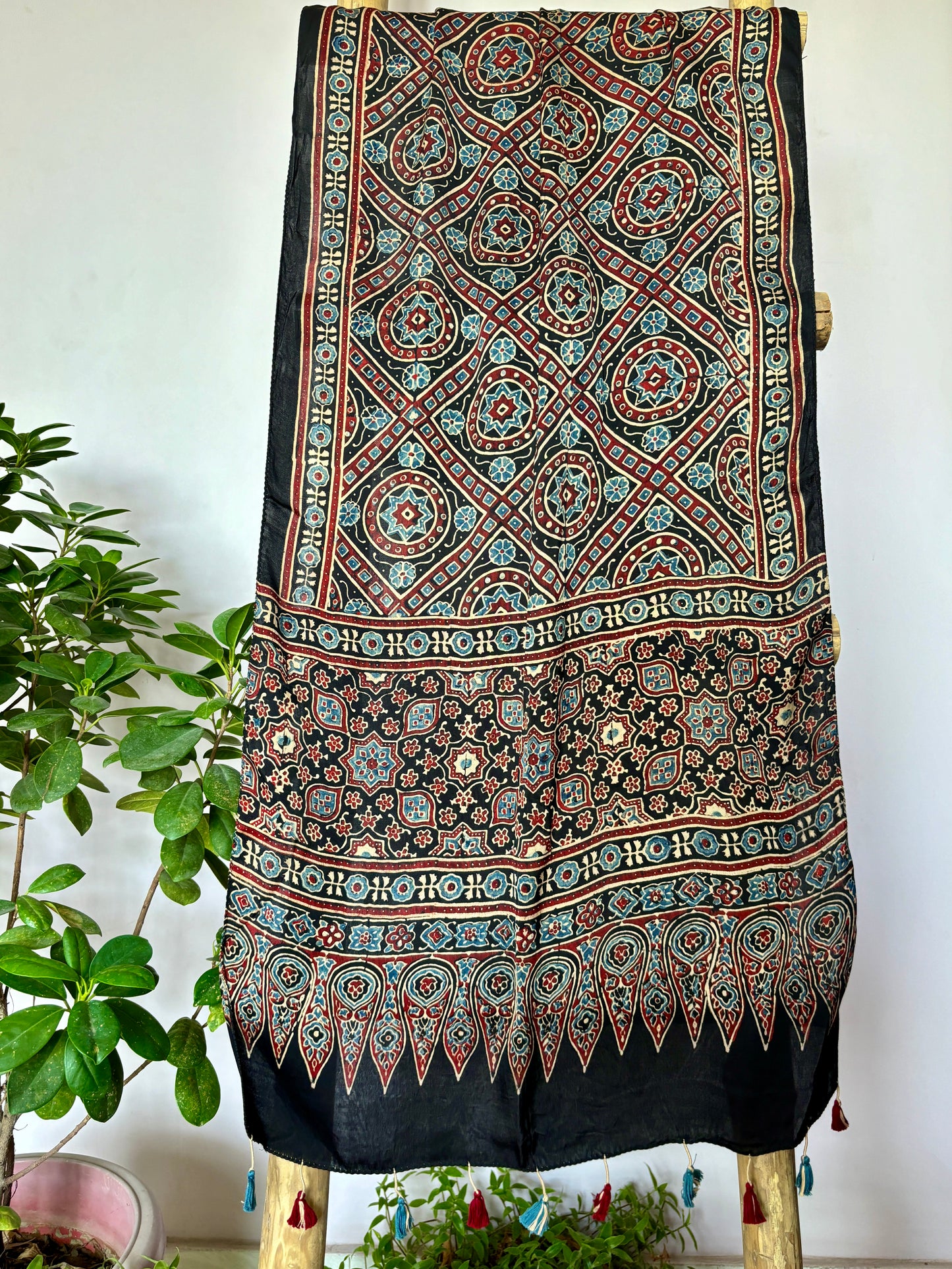 Ajrakh Stole- Natural Dyed Black and madder Colour Big Diamond Pattern Stole