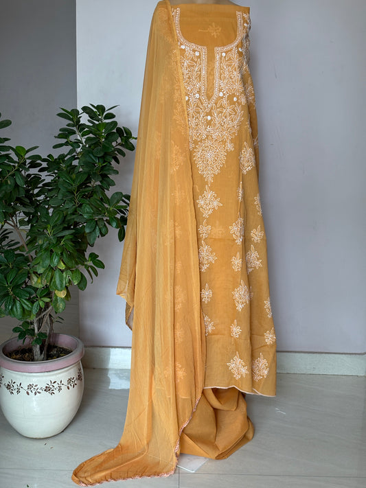 Light Orange  Chikankari Hand Embroidered Shirt and Bottom with Chiffon Dupatta