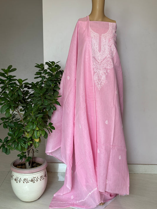 Baby Pink Chikankari Hand Embroidered Shirt, Bottom and Dupatta Fabric in Cotton