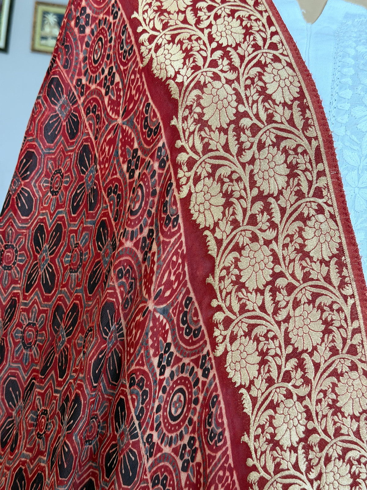 Ajrakh Dola Silk Dupatta With Zari Weaved Border