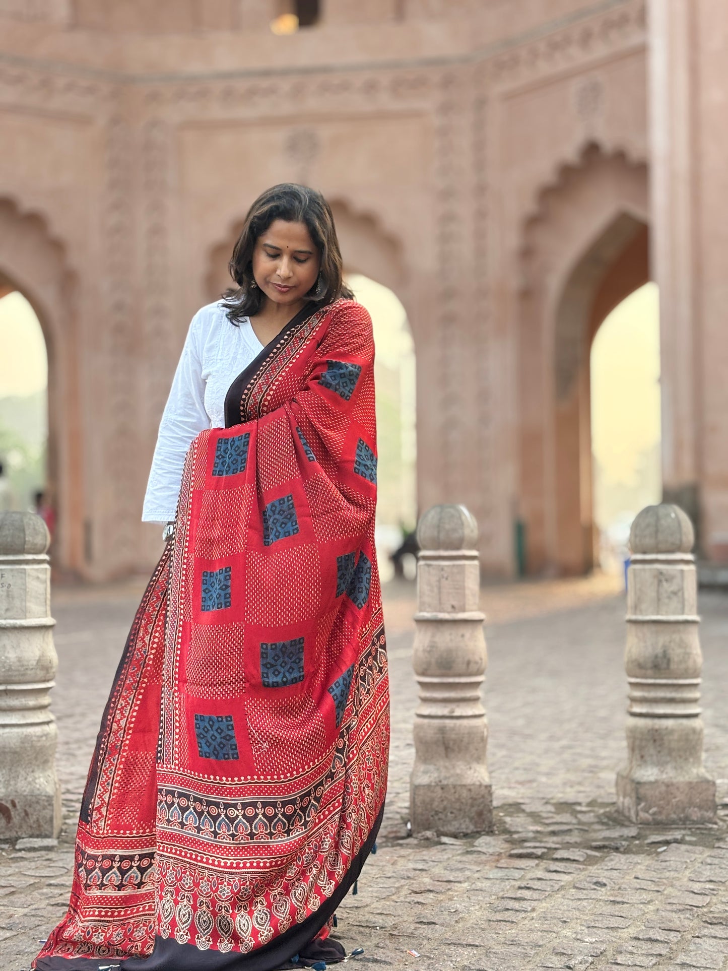 Madder Colour Dupatta With Contemporari Motif,ajrakh modal dupatta, down view