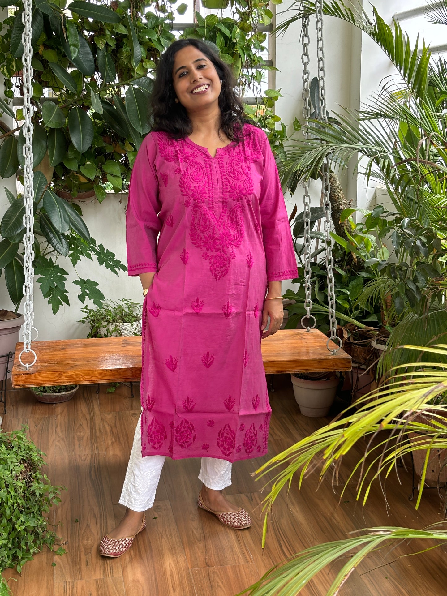 Rani Pink Colour Chanderi Chikan Hand Embroidered Kurti