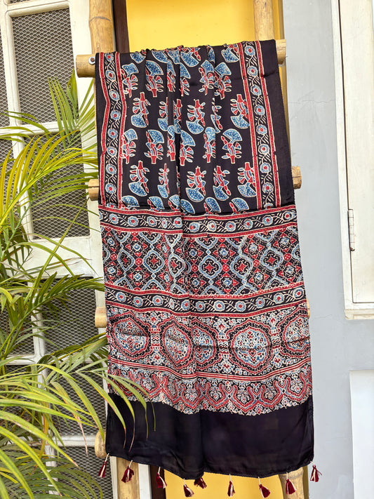 Ajrakh Stole- Natural Dyed Black Stole with Big Floral Buta