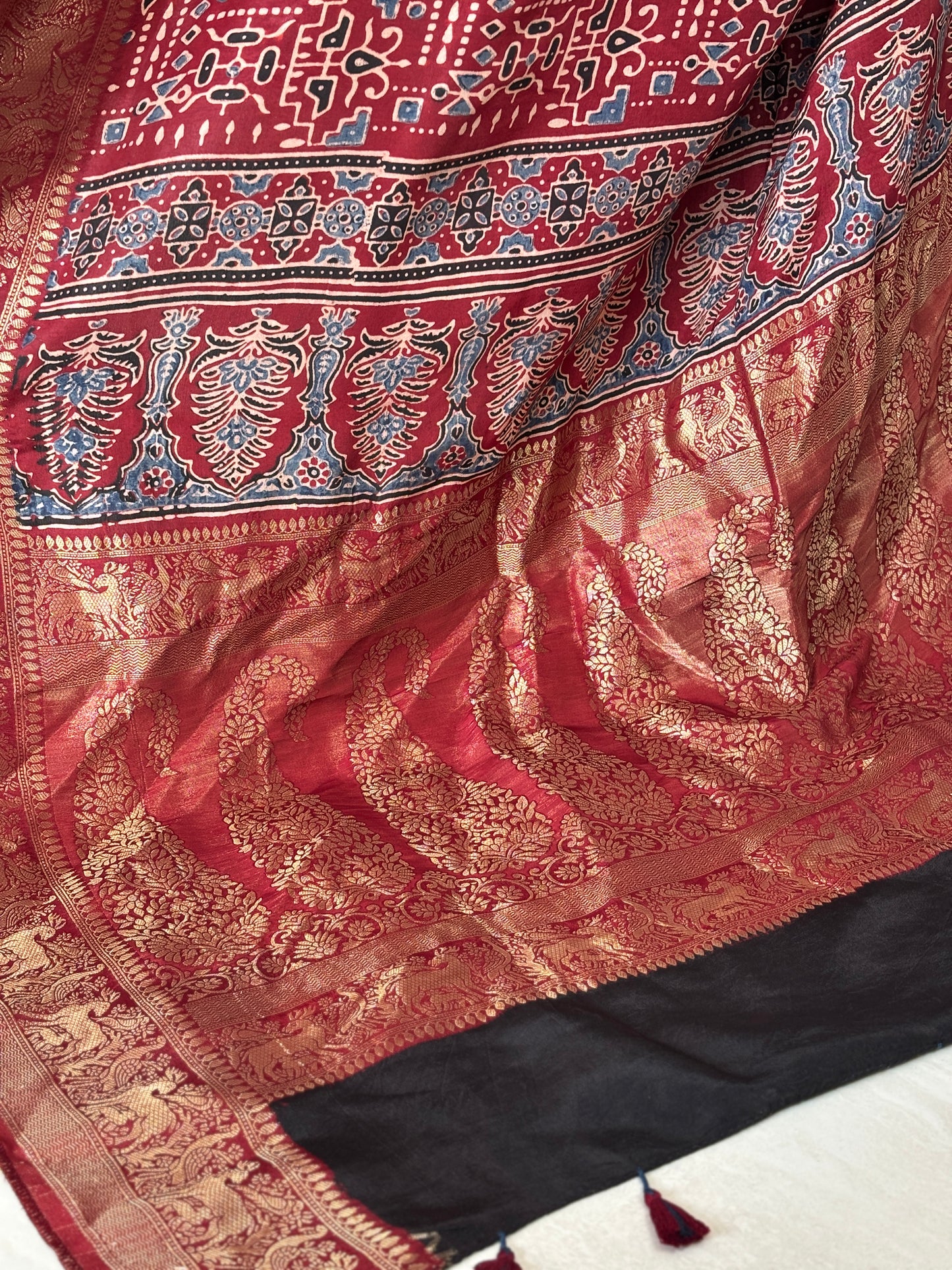 Madder Red  Ajrakh Hand Block Printed Smal Floral Buta Dola Silk Saree