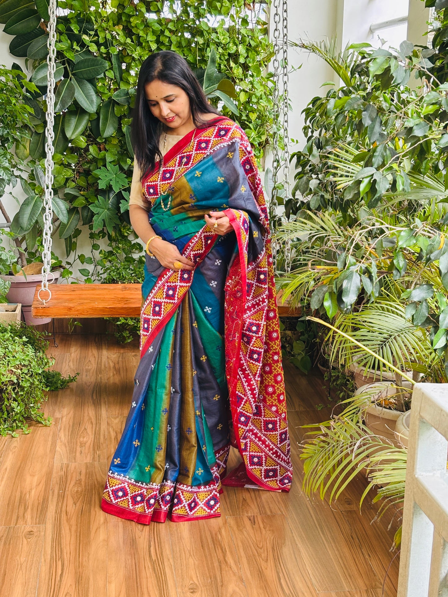 Gujrati Hand Embroidered Pure Tussar Silk Saree in Multi Colour Body and Rust Red Palla