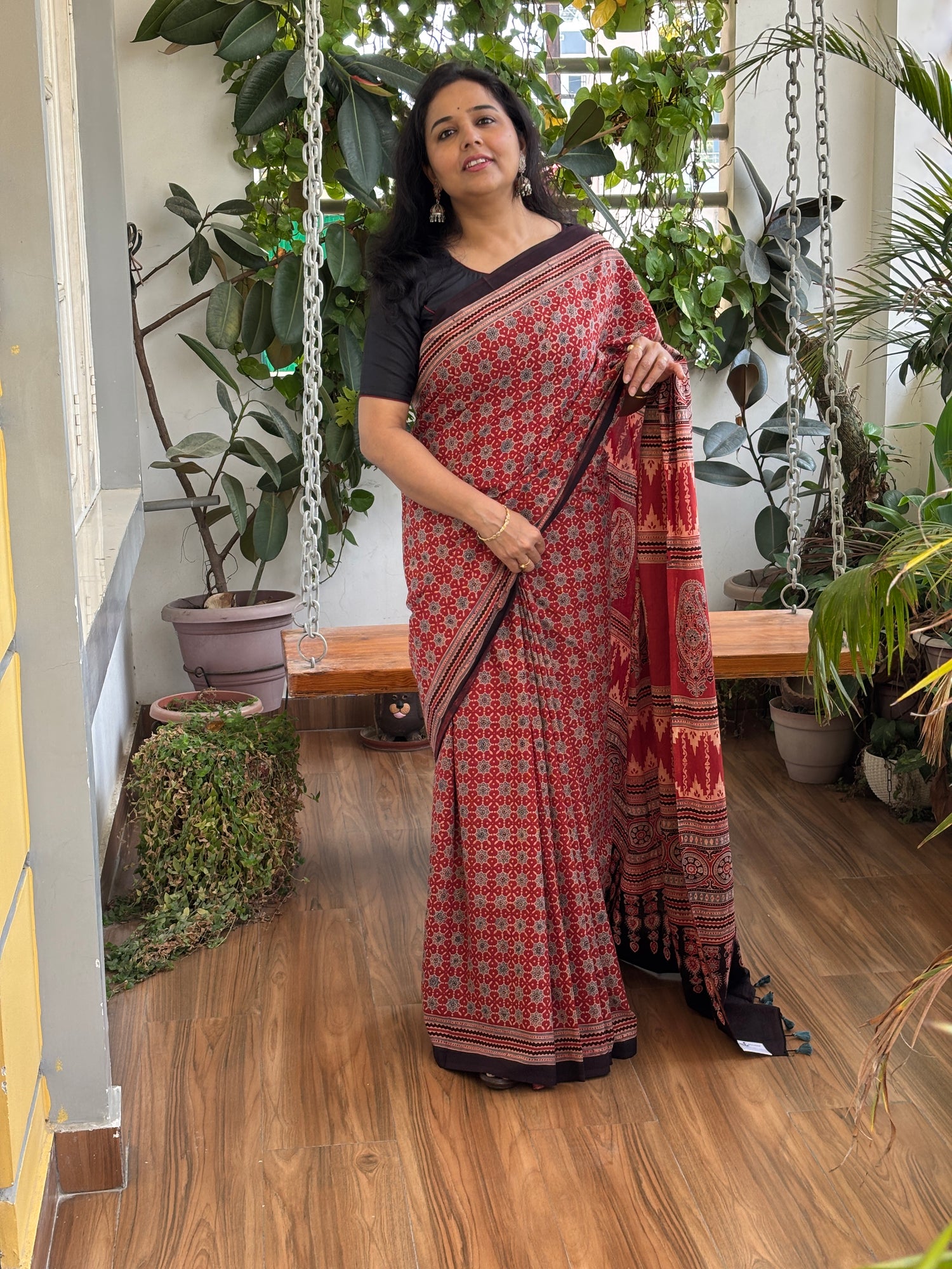 red Organic Cotton Ajrakh saree,front view.