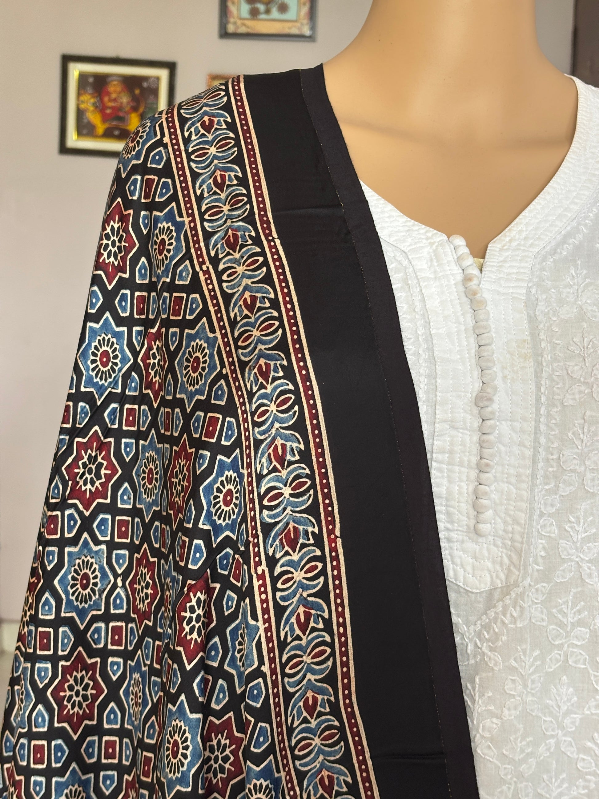 Ajrakh Modal Black Dupatta With Geometrical Pattern,star motif,closer view.