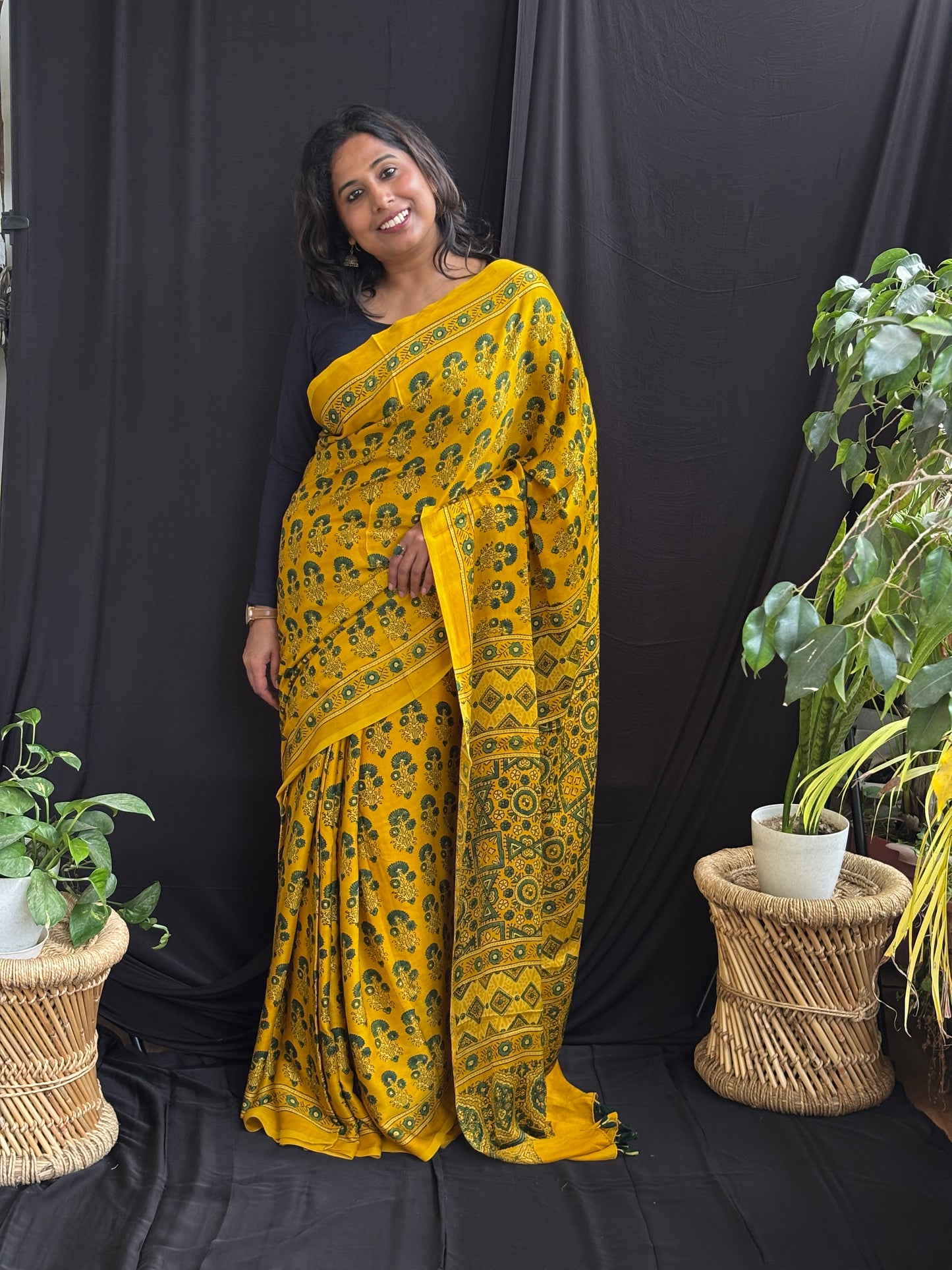 Sunflower  - Yellow Ajrakh Modal Saree