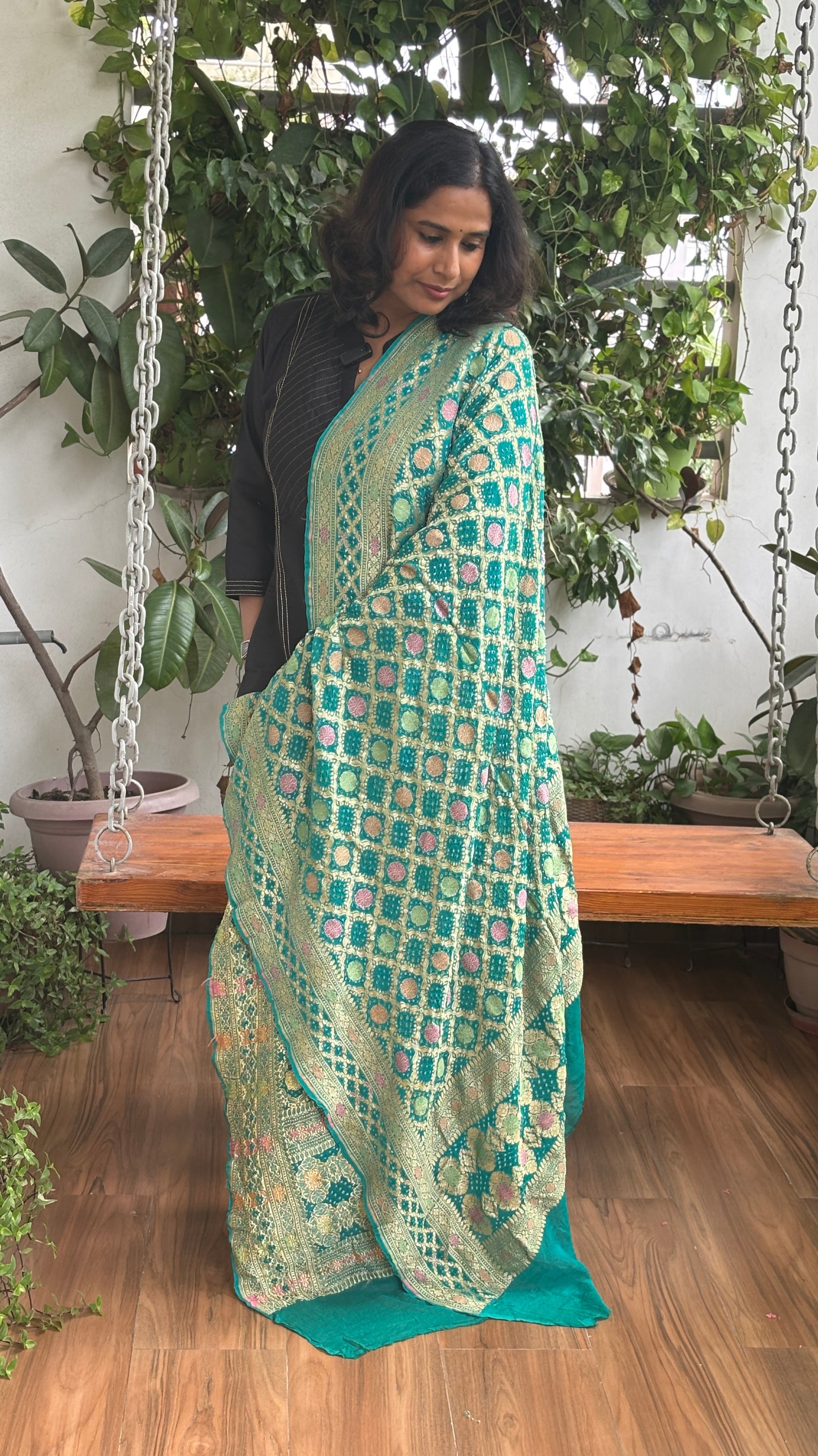 Pure Khaddi Georgette Handloom Rai Bandhej Banarasi Dupatta
