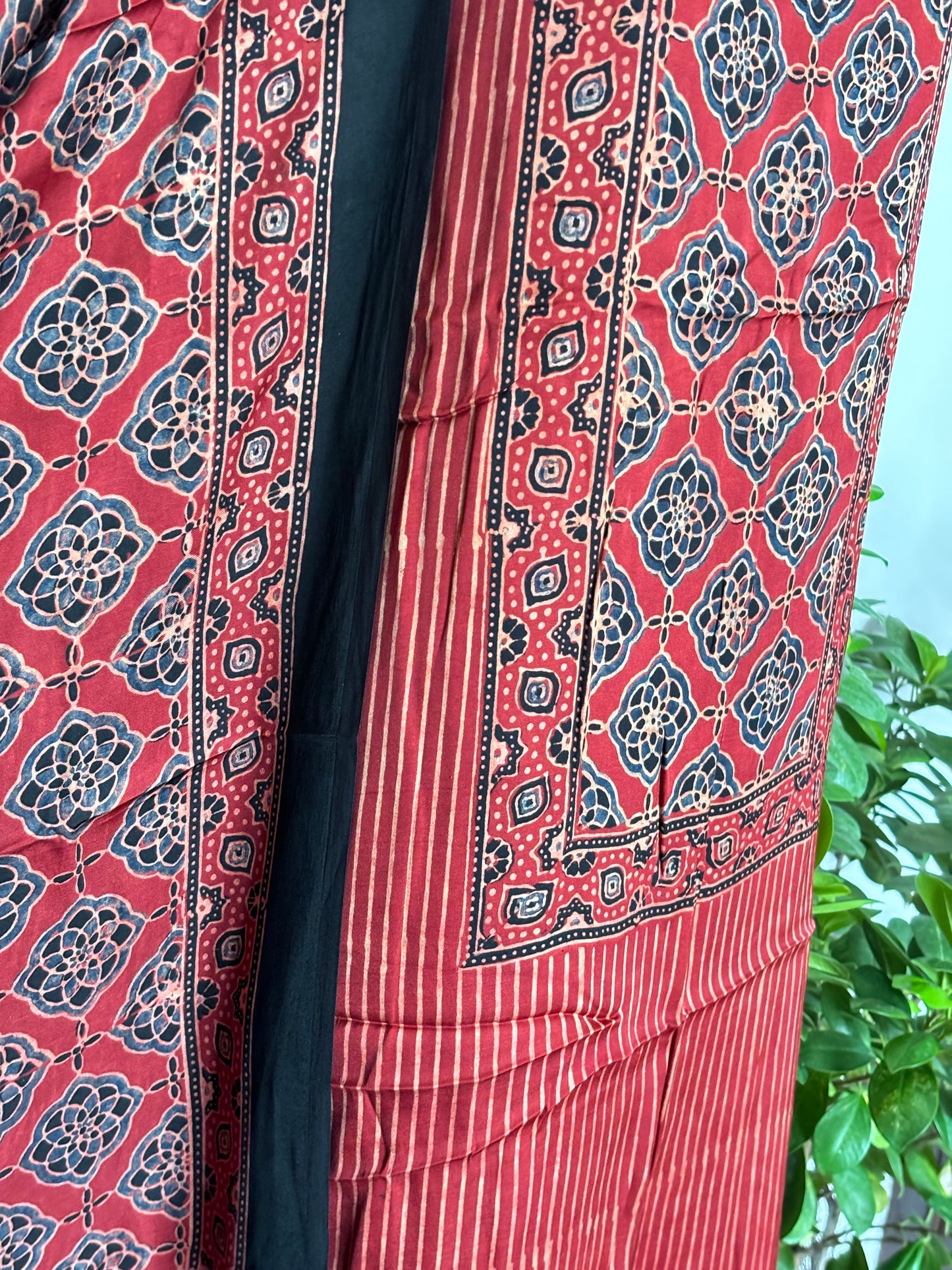 Natural Dyed Ajrakh Madder Colour Panel and Stripe Shirt and Beautiful Modal Dupatta