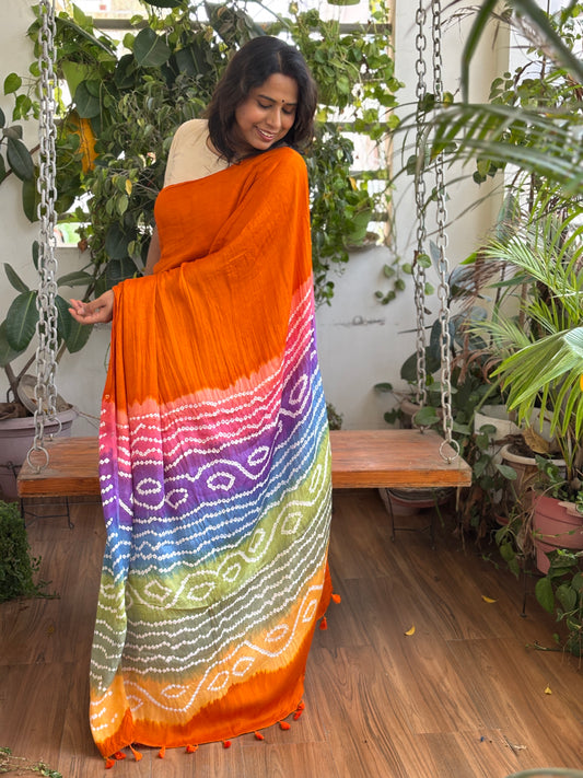 Kacchi Haldi Colour (Turmeric Yellow) Semi Modal Saree with Multi Colour Bandhej Palla