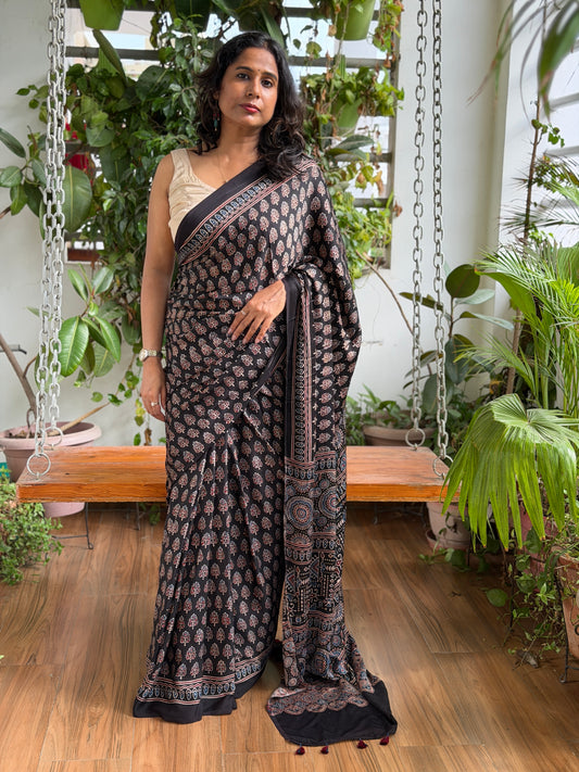 Ajrakh Modal Black Small Buta Saree
