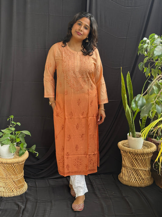 Chanderi Cotton Chikan Hand Embroidered Ombre Dyed Kurti (Copy)