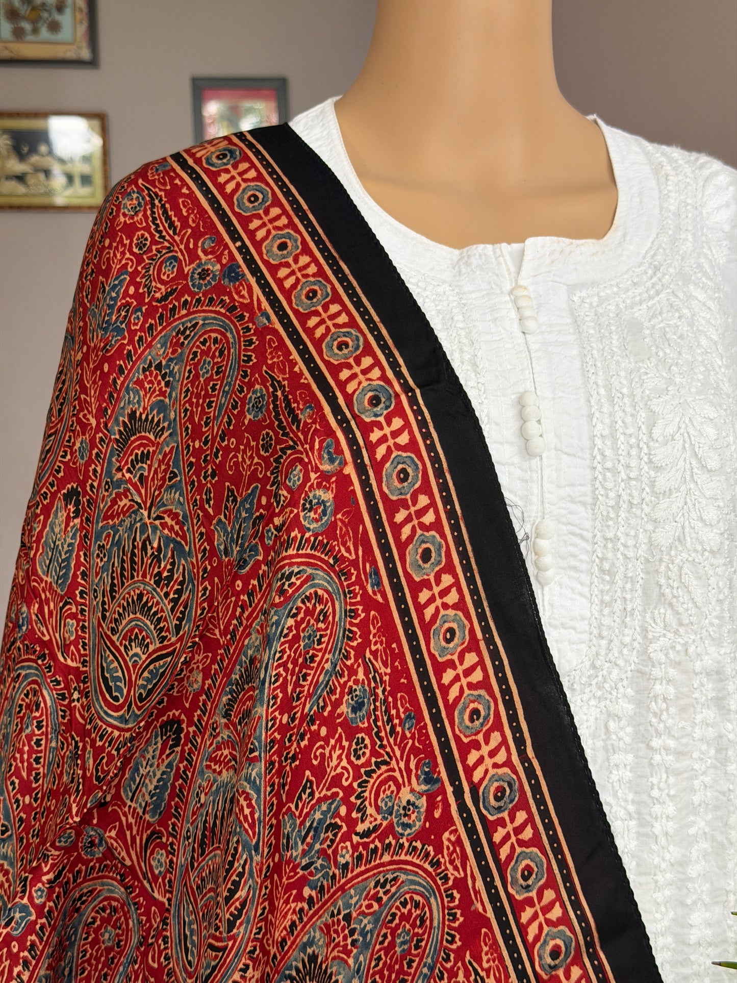 Ajrakh Hand Block Printed Modal Stole In Madder Red Colour