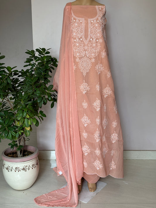 Peach Colour  Chikankari Hand Embroidered Shirt and Bottom with Chiffon Dupatta