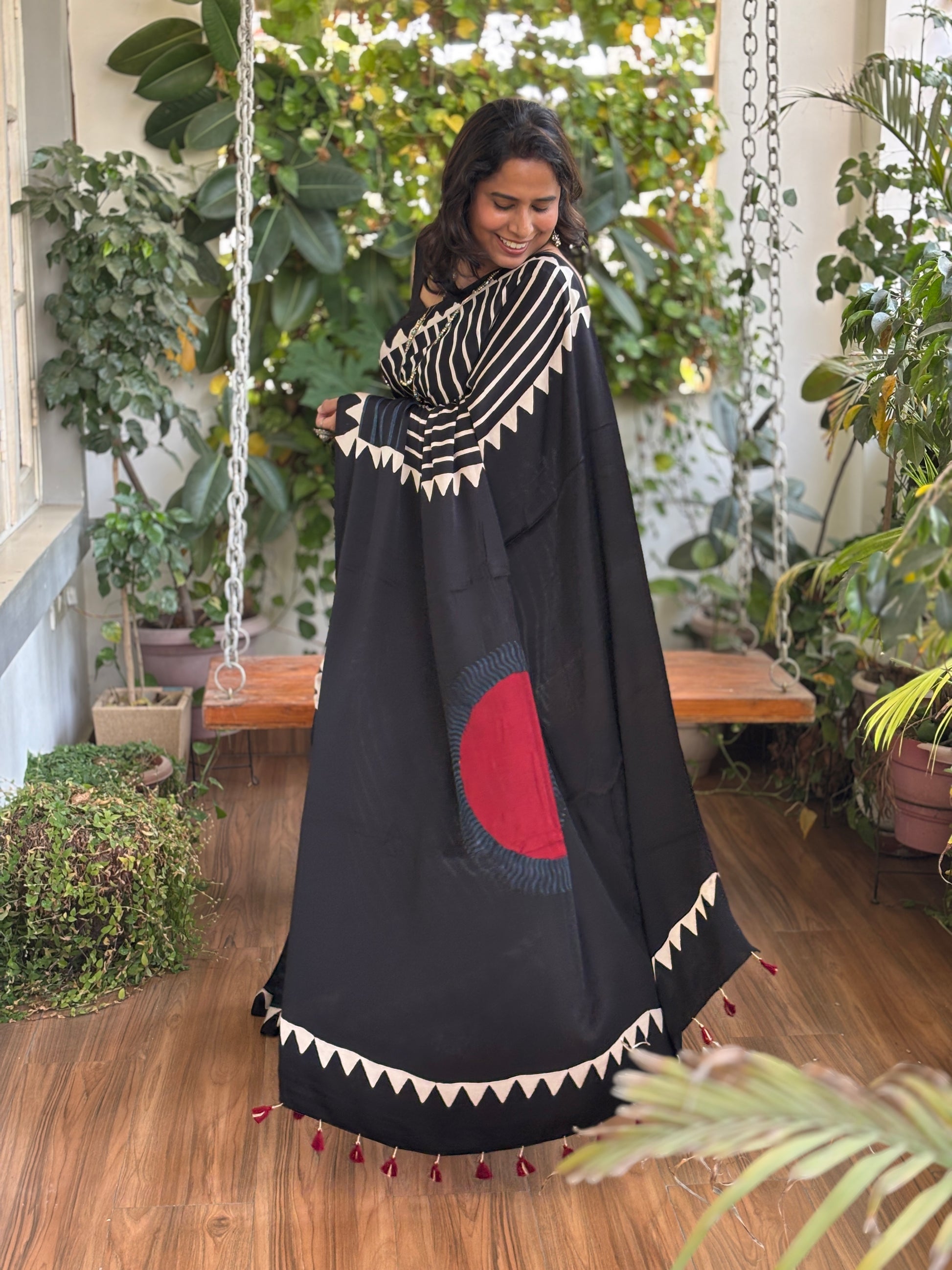 Black Ajrakh Hand Block Printed Modal Saree, Palla 
