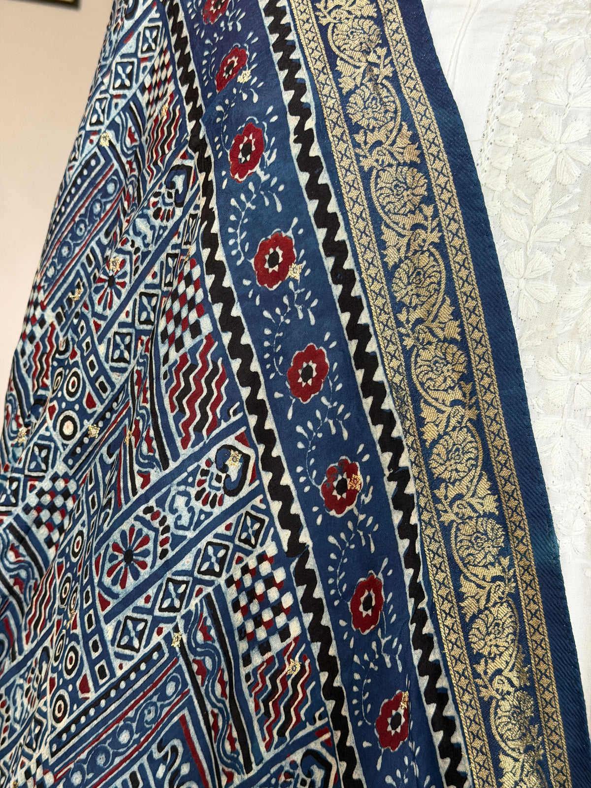 Ajrakh Dola Silk Dupatta With Zari Weaved Border