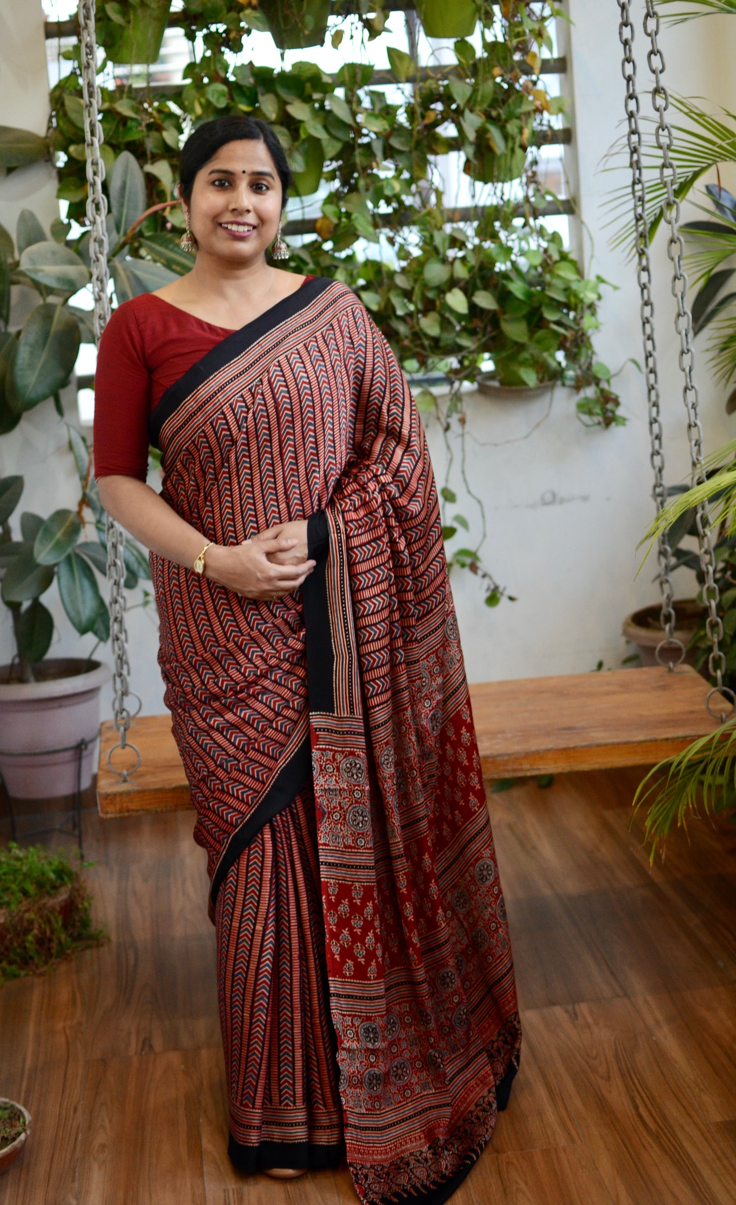 Khubsurat Raste Red (Natural Dyed Madder, Indigo and Black Stripe Contemporary Modal Saree)