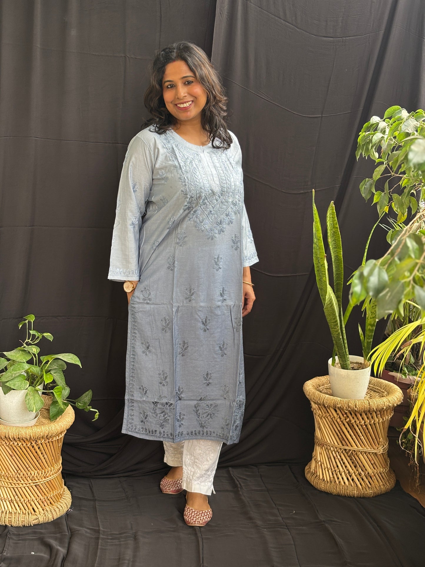 Chanderi Cotton Chikan Hand Embroidered Ombre Dyed Kurti
