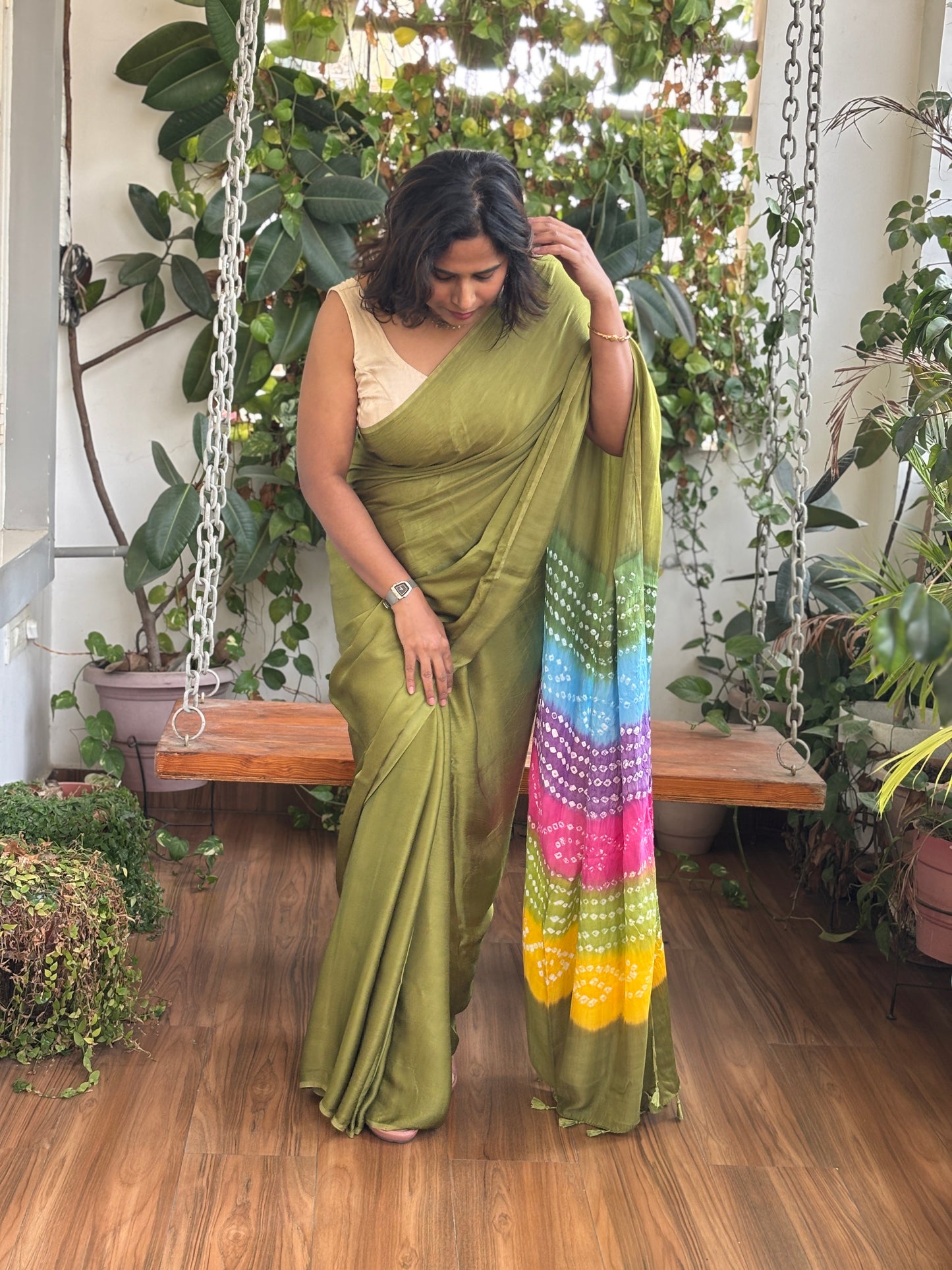Green Solid Colour  Semi Modal Saree with Multi Colour Bandhej Palla
