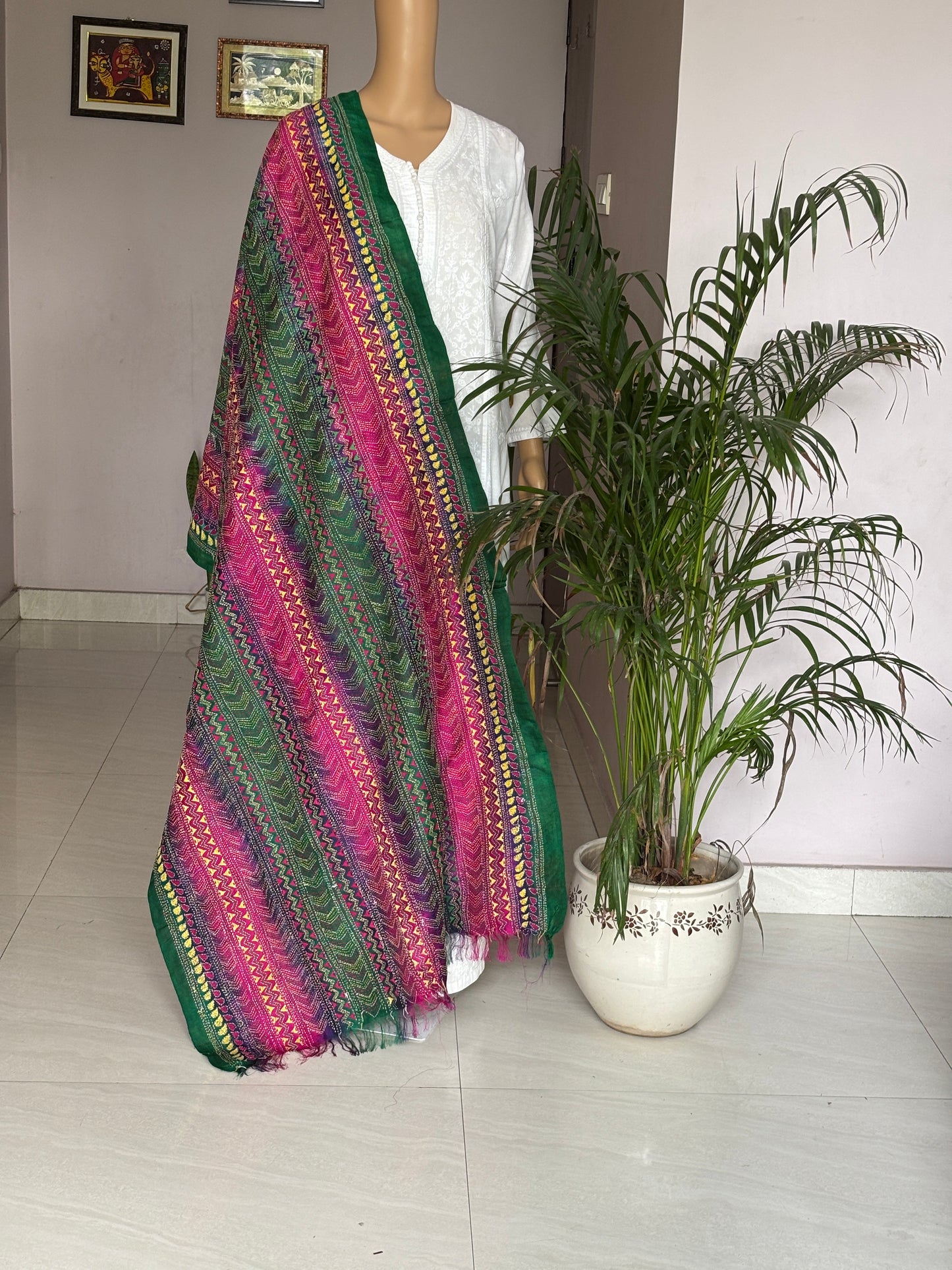 Multi Colour Tie and Dyed Kantha Hand Embroidered Semi Tussar Dupatta