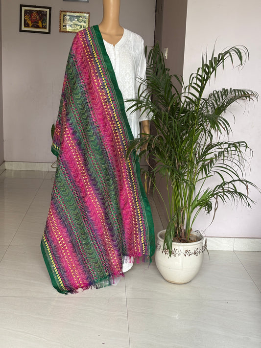 Multi Colour Tie and Dyed Kantha Hand Embroidered Semi Tussar Dupatta