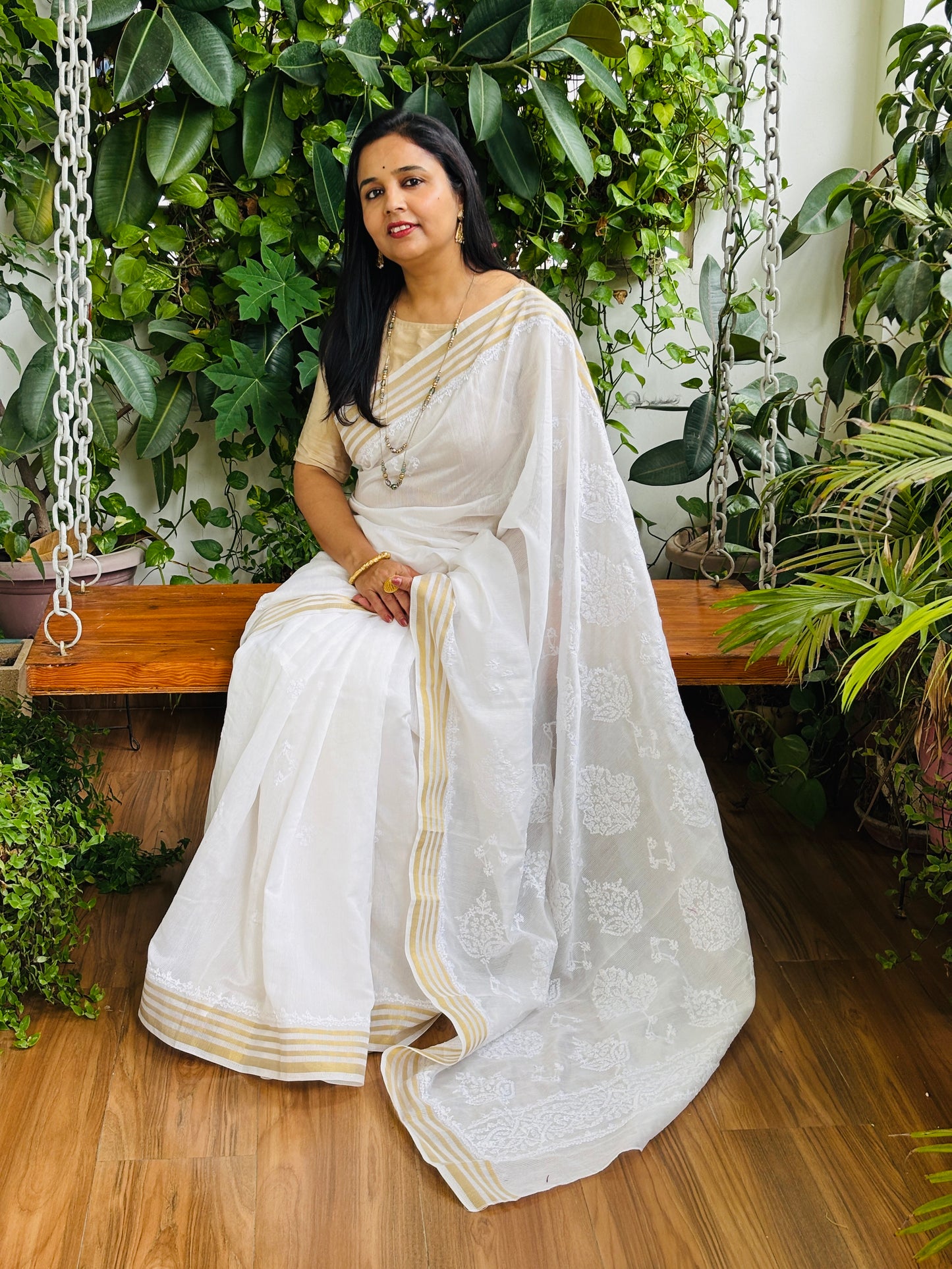White Colour Candri Cotton Chikankari Hand Embroidered Saree