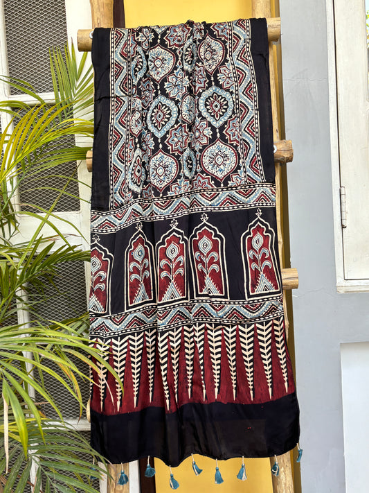 Ajrakh Stoles- Natural Dyed Black Badambuta Motif Stole